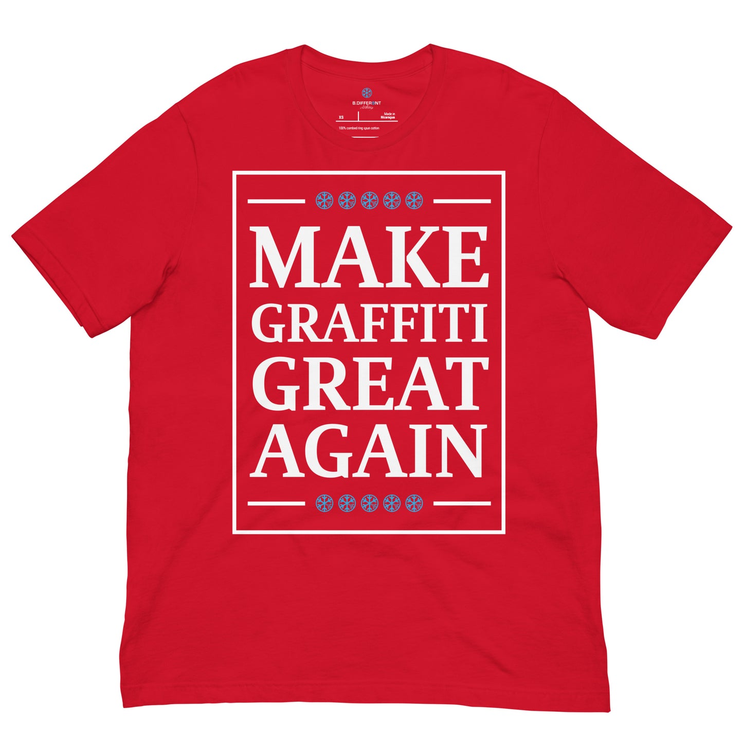 Red-Make Graffiti Great Again Tee from B.Different Clothing, front view, graffiti-inspired streetwear t-shirt