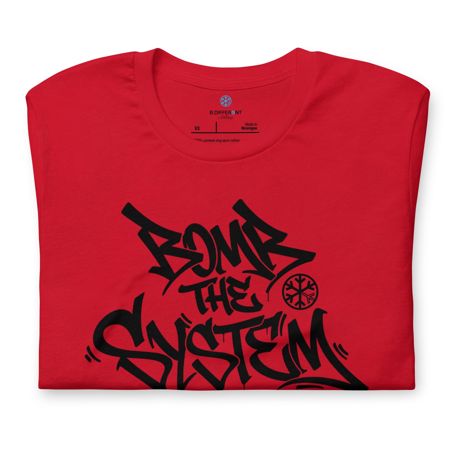Red-Bomb The System Graffiti Tee from B.Different Clothing, folded, graffiti-inspired streetwear t-shirt