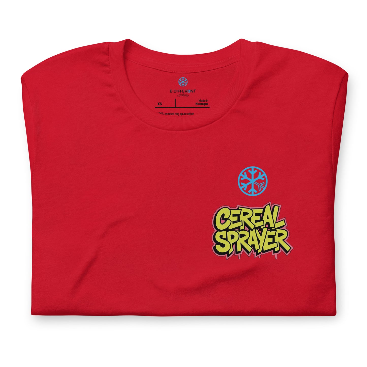 Red-Cereal Sprayer Graffiti Tee from B.Different Clothing, folded, graffiti-inspired streetwear t-shirt
