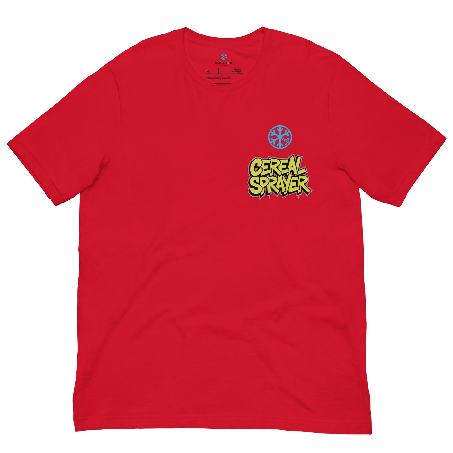 Red-Cereal Sprayer Graffiti Tee from B.Different Clothing, front view, graffiti-inspired streetwear t-shirt