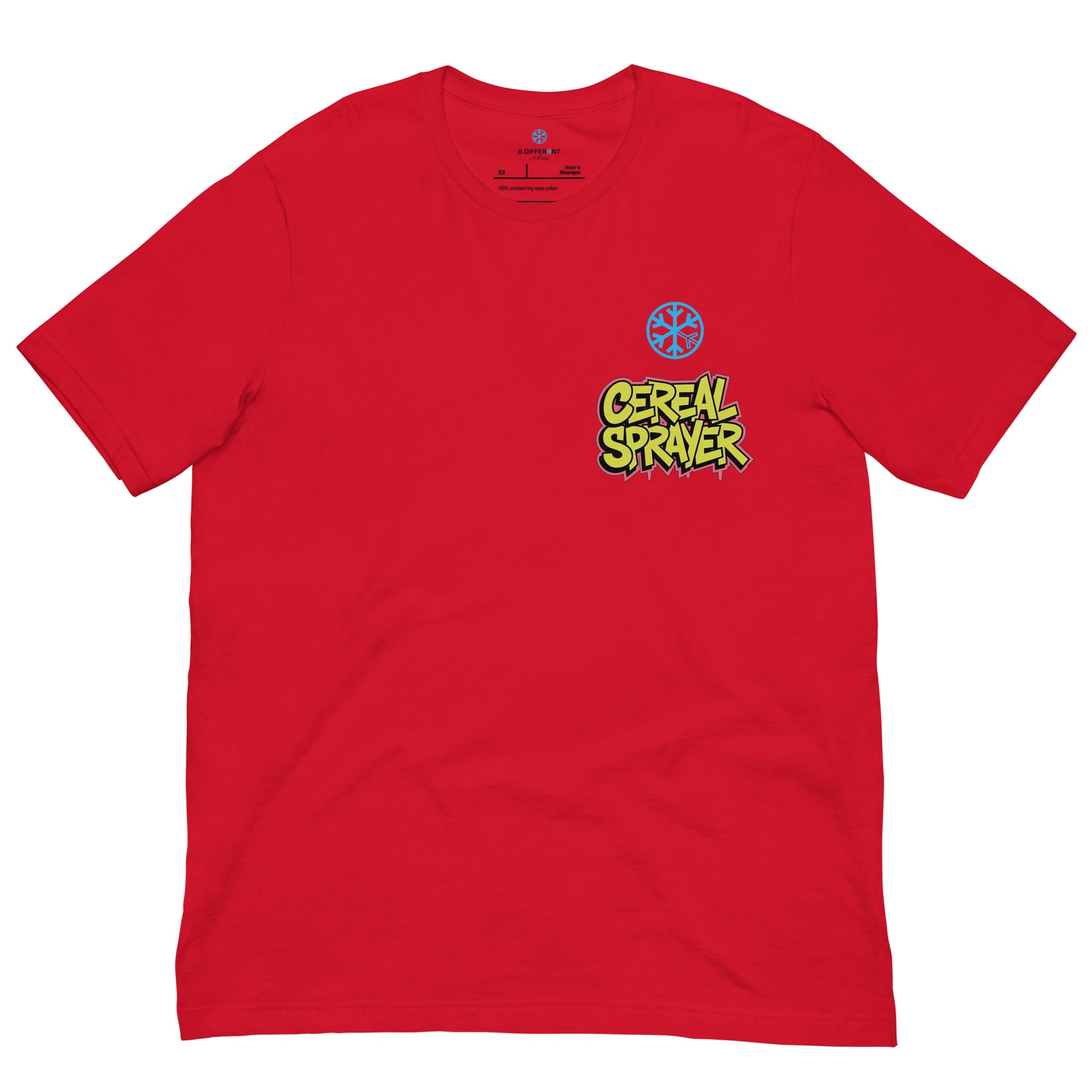 Red-Cereal Sprayer Graffiti Tee from B.Different Clothing, front view, graffiti-inspired streetwear t-shirt