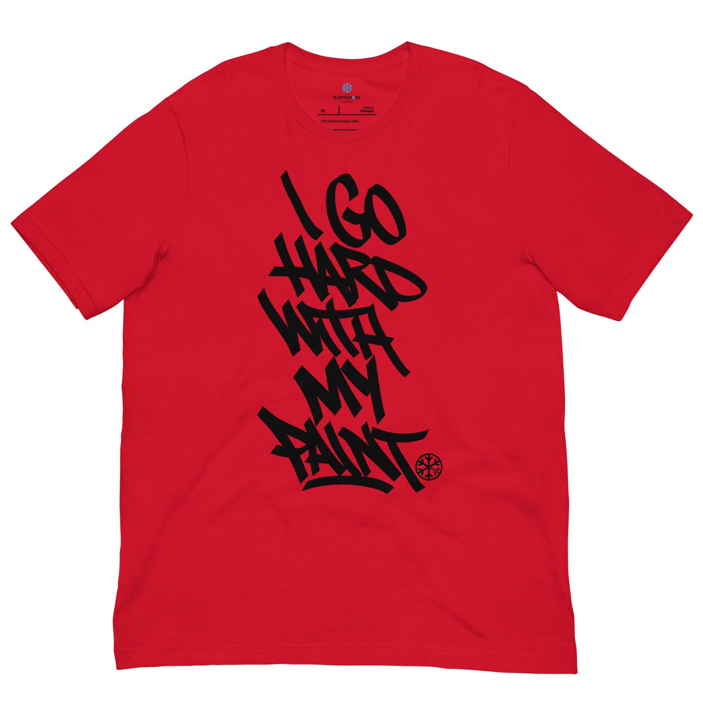 Red-I Go Hard With My Paint Graffiti Tee from B.Different Clothing, front view, graffiti-inspired streetwear t-shirt