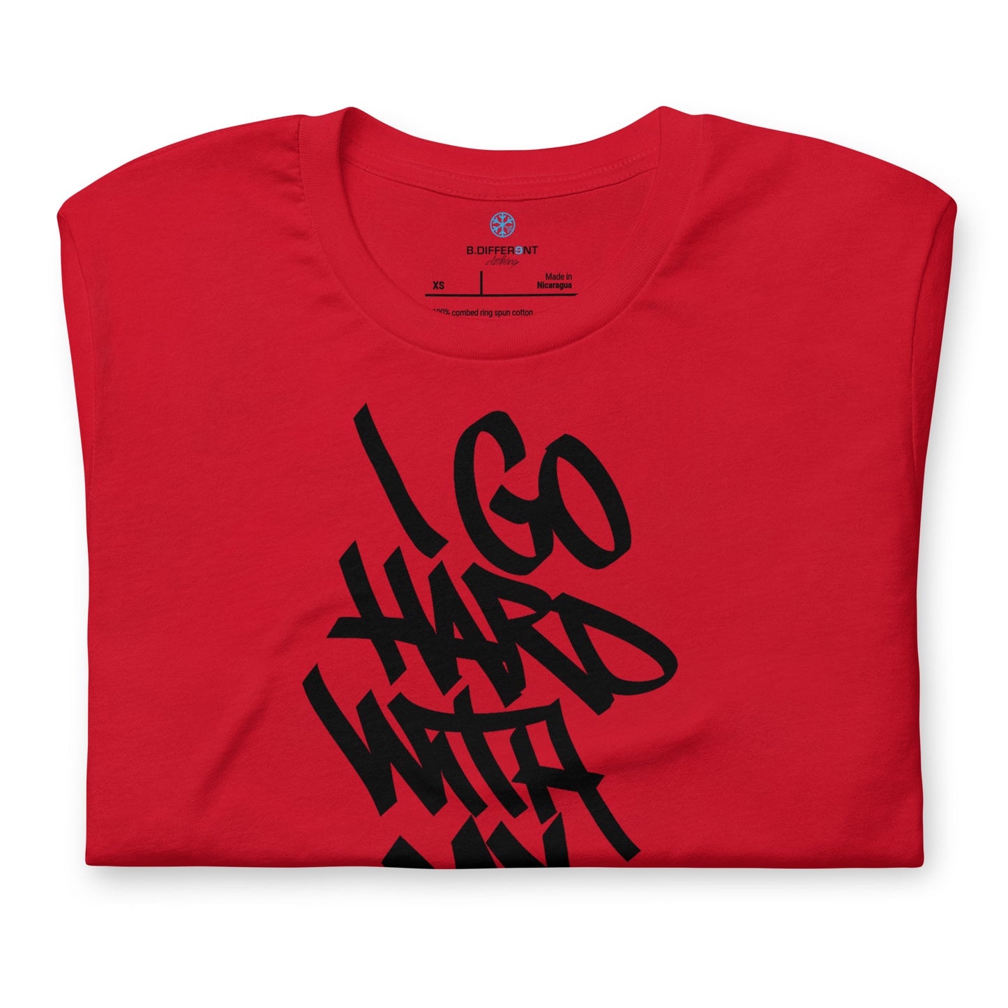 Red-I Go Hard With My Paint Graffiti Tee from B.Different Clothing, folded, graffiti-inspired streetwear t-shirt