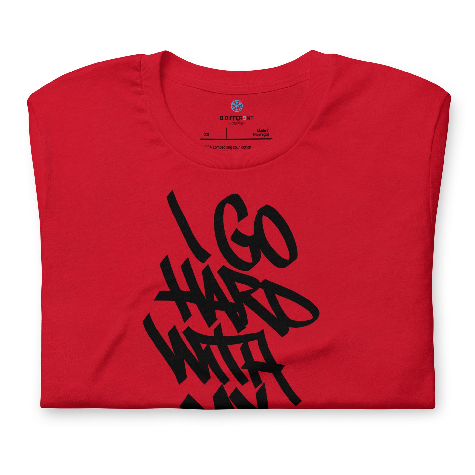 Red-I Go Hard With My Paint Graffiti Tee from B.Different Clothing, folded, graffiti-inspired streetwear t-shirt
