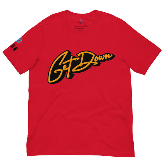 Red-Get Down Graffiti Lettering Tee from B.Different Clothing, front view, graffiti-inspired streetwear t-shirt