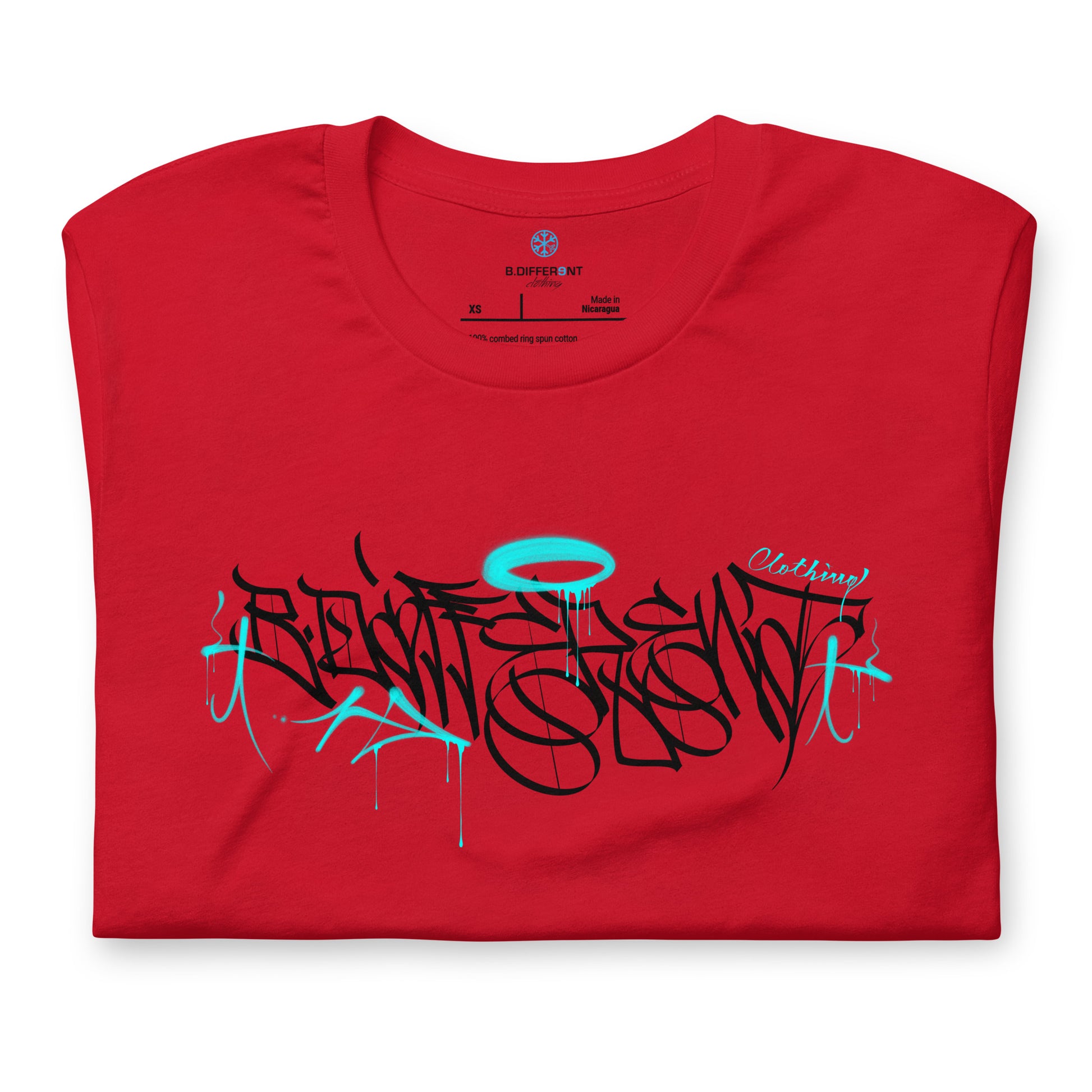 Red-Caos One Collab Graffiti Tee from B.Different Clothing, folded, graffiti-inspired streetwear t-shirt
