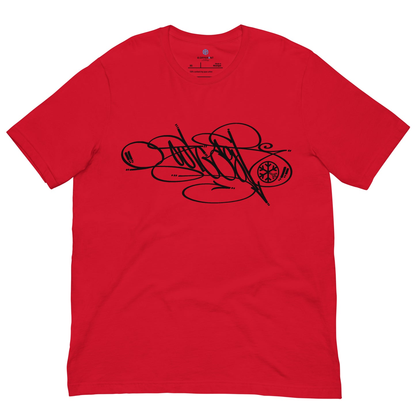 Red-Outcast Tag Tee by Graffiti Dad from B.Different Clothing, front view, graffiti-inspired streetwear t-shirt