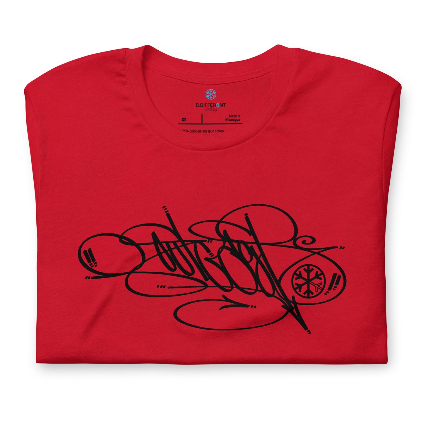 Red-Outcast Tag Tee by Graffiti Dad from B.Different Clothing, folded, graffiti-inspired streetwear t-shirt