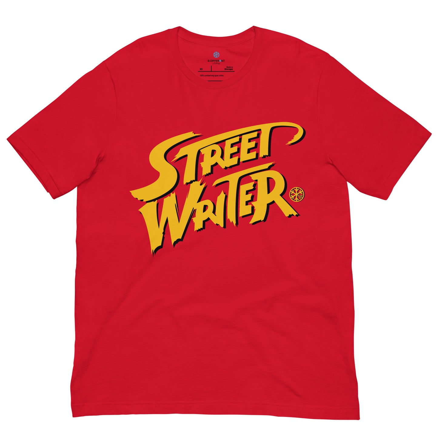Red-Street Writer Graffiti Tee from B.Different Clothing, front view, graffiti-inspired streetwear t-shirt