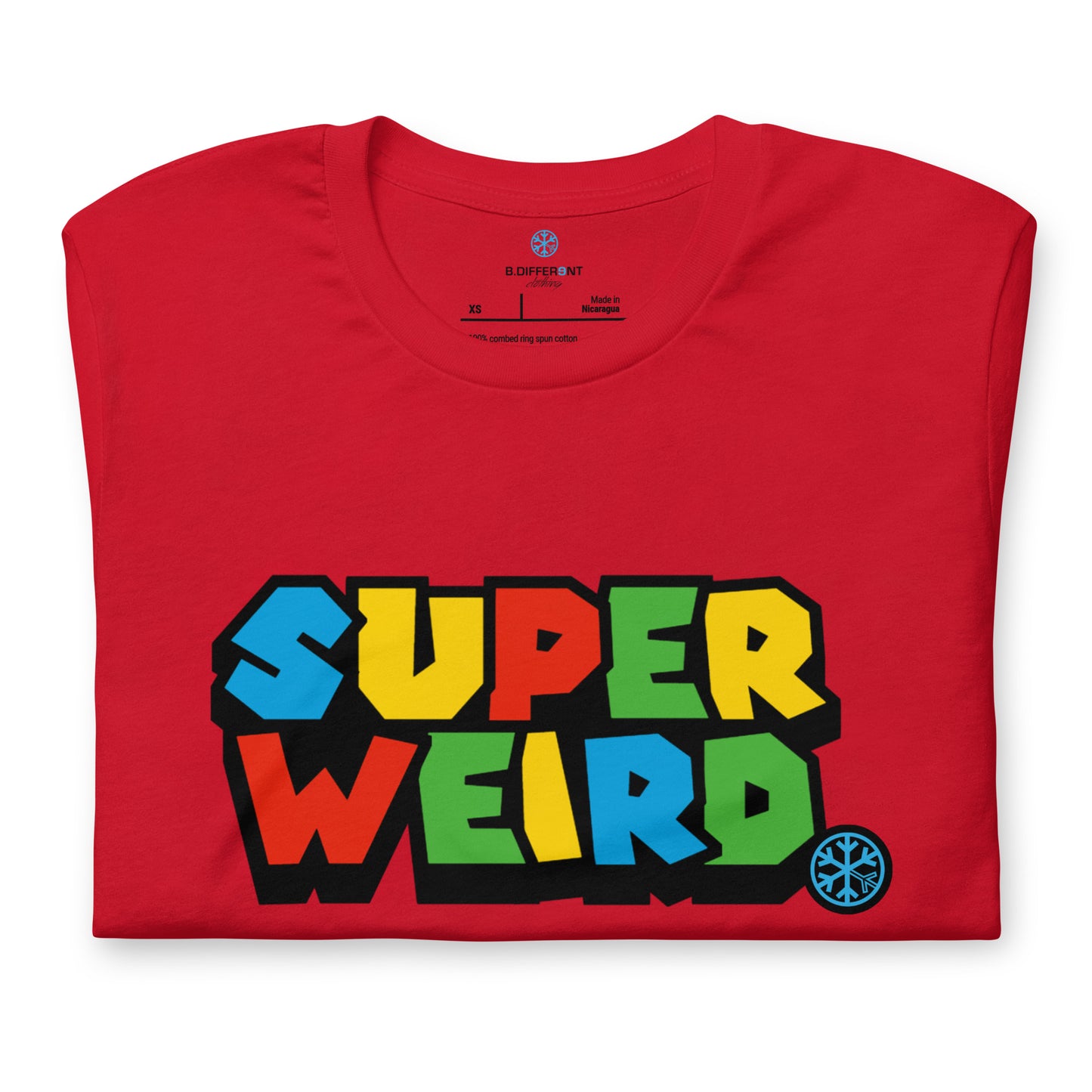 Red-Super Weird Tee from B.Different Clothing, folded, graffiti-inspired streetwear t-shirt