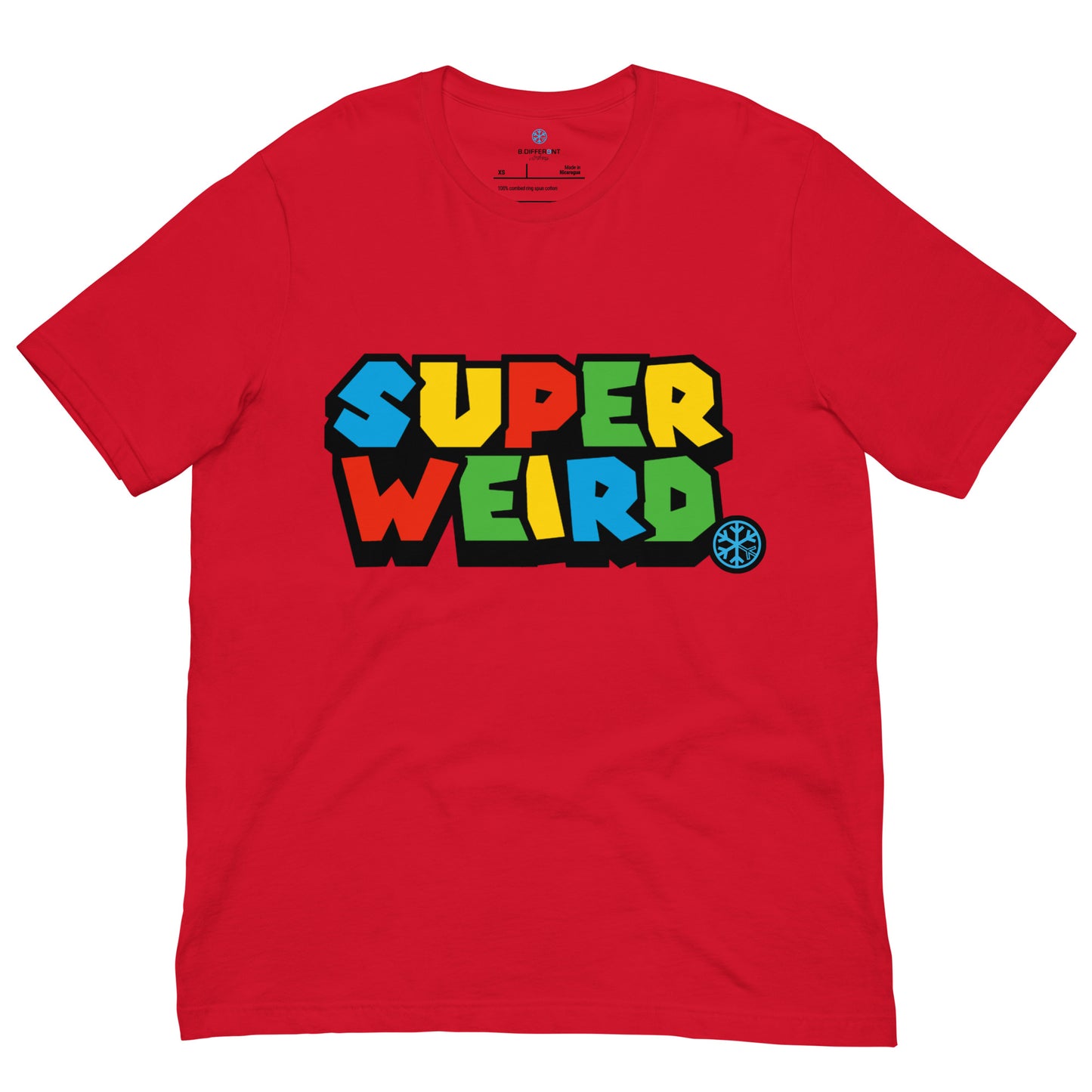 Red-Super Weird Tee from B.Different Clothing, front view, graffiti-inspired streetwear t-shirt