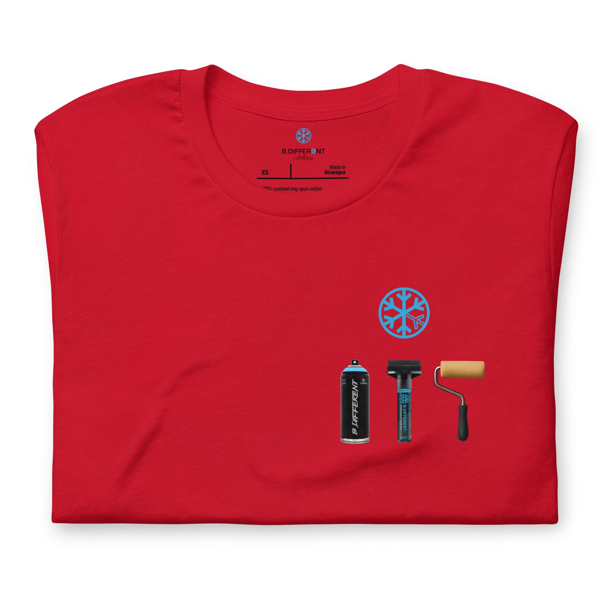 Red-Graffiti Artist Action Figure Tee from B.Different Clothing, folded, graffiti-inspired streetwear t-shirt