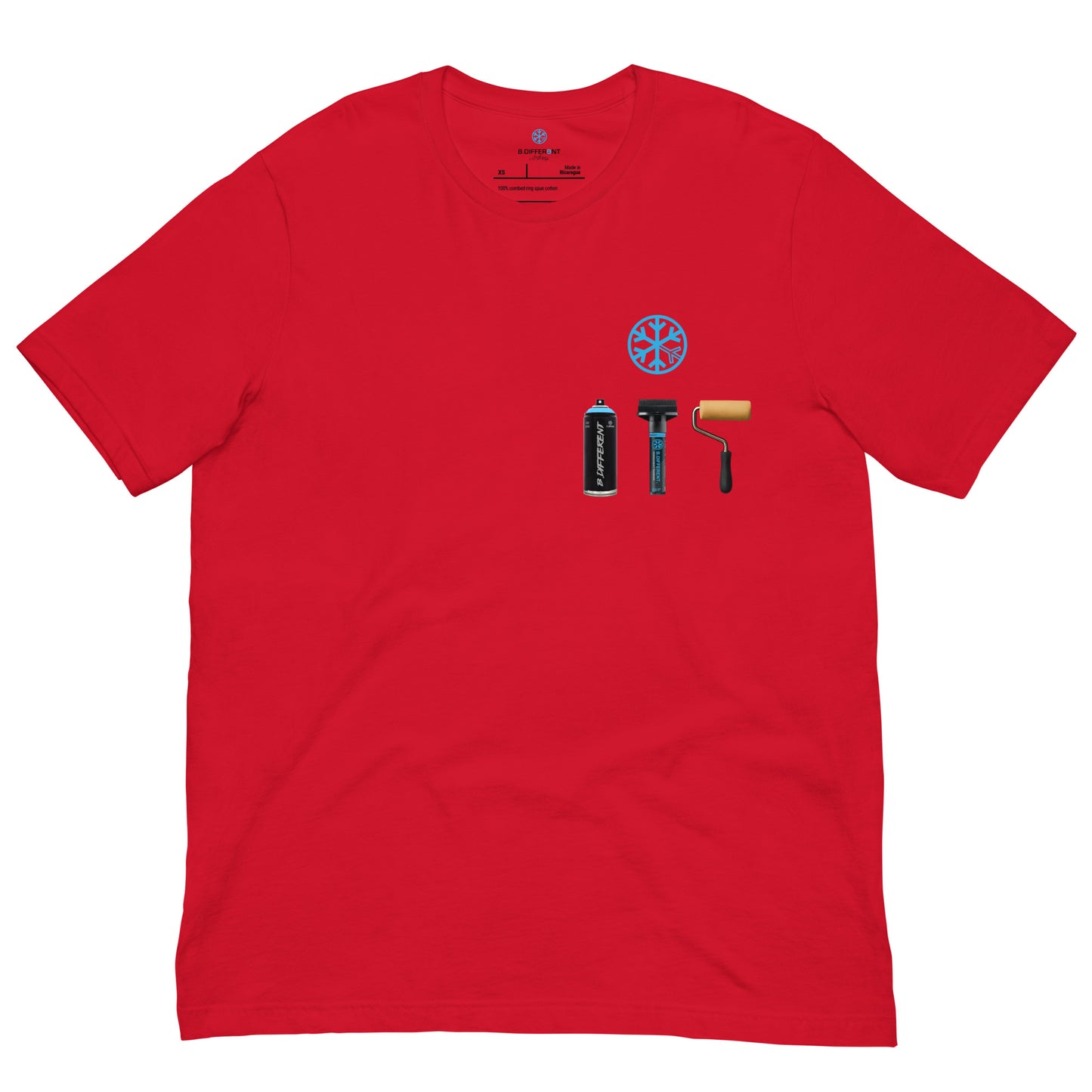 Red-Graffiti Artist Action Figure Tee from B.Different Clothing, front view, graffiti-inspired streetwear t-shirt