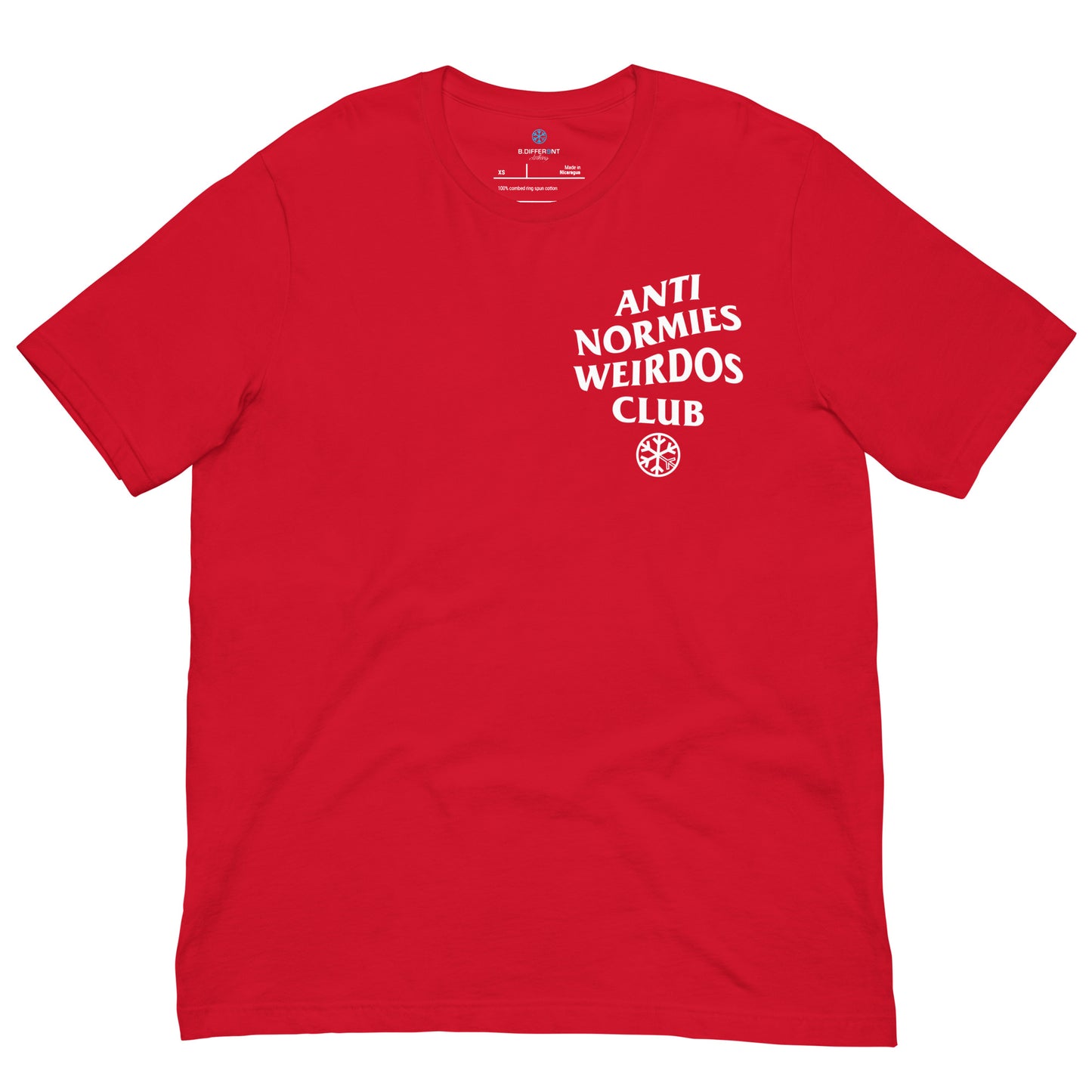 Red-Anti Normies Weirdos Club Tee from B.Different Clothing, front view, graffiti-inspired streetwear t-shirt