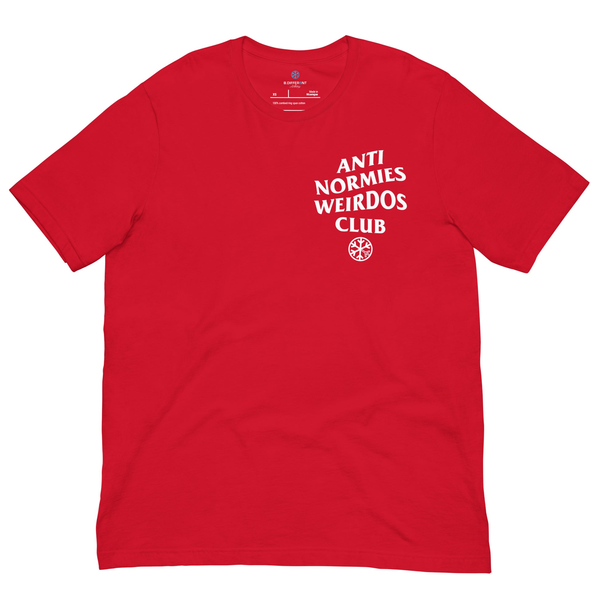 Red-Anti Normies Weirdos Club Tee from B.Different Clothing, front view, graffiti-inspired streetwear t-shirt