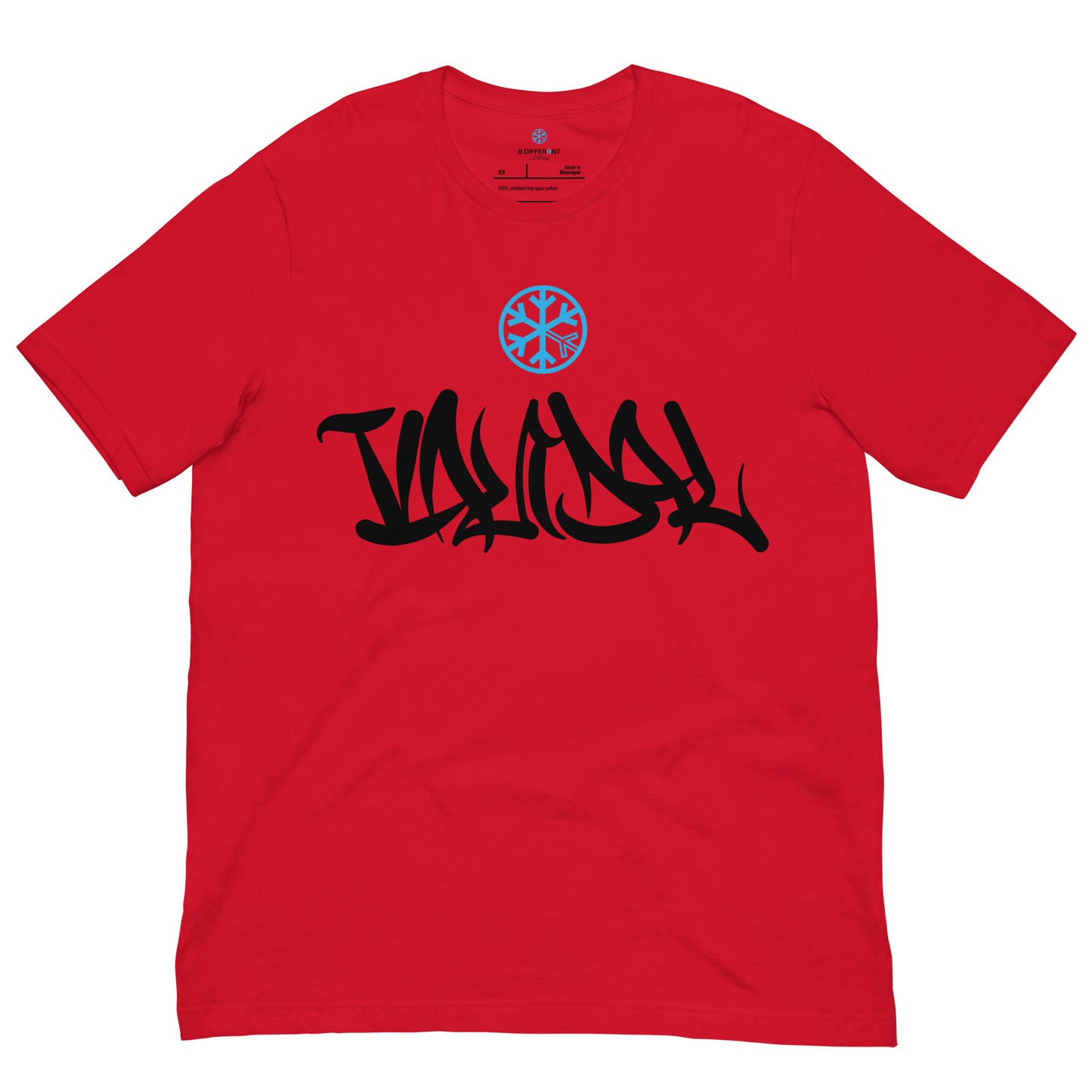 Red-Vandal Graffiti Tag Tee from B.Different Clothing, front view, graffiti-inspired streetwear t-shirt