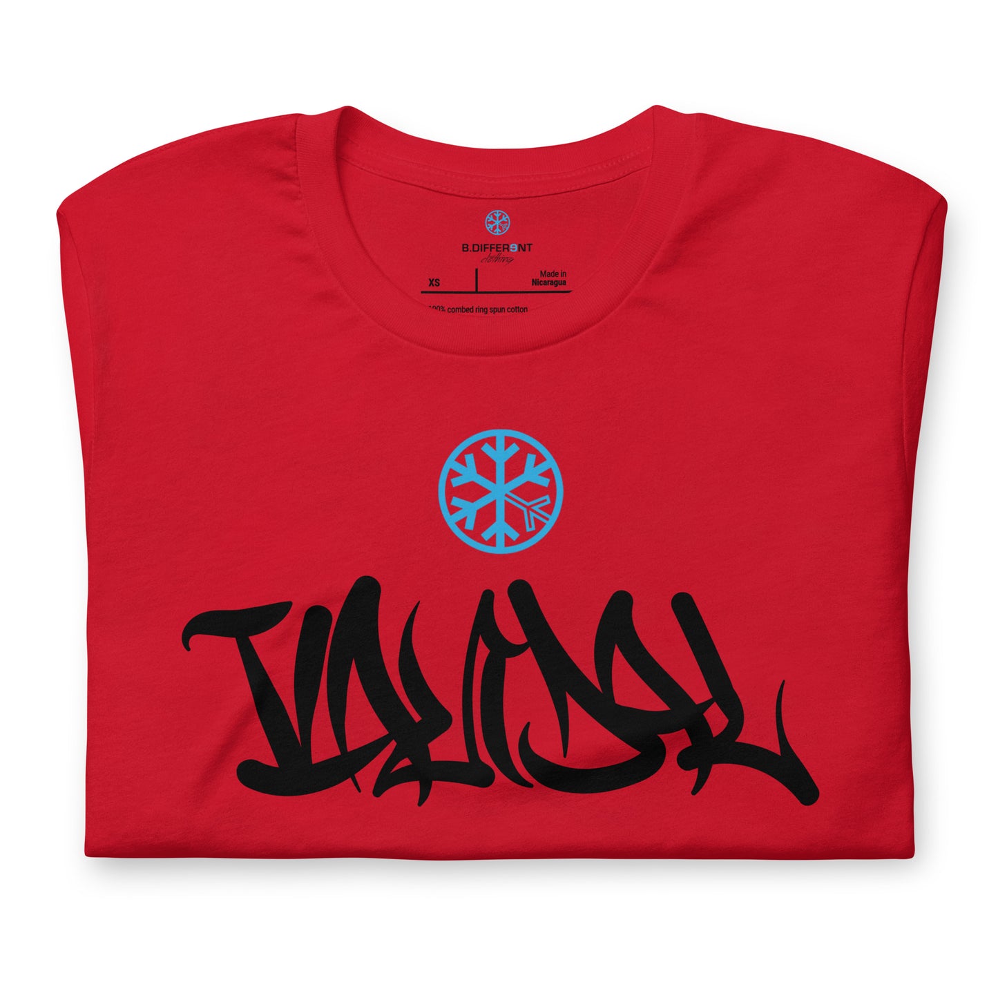 Red-Vandal Graffiti Tag Tee from B.Different Clothing, folded, graffiti-inspired streetwear t-shirt