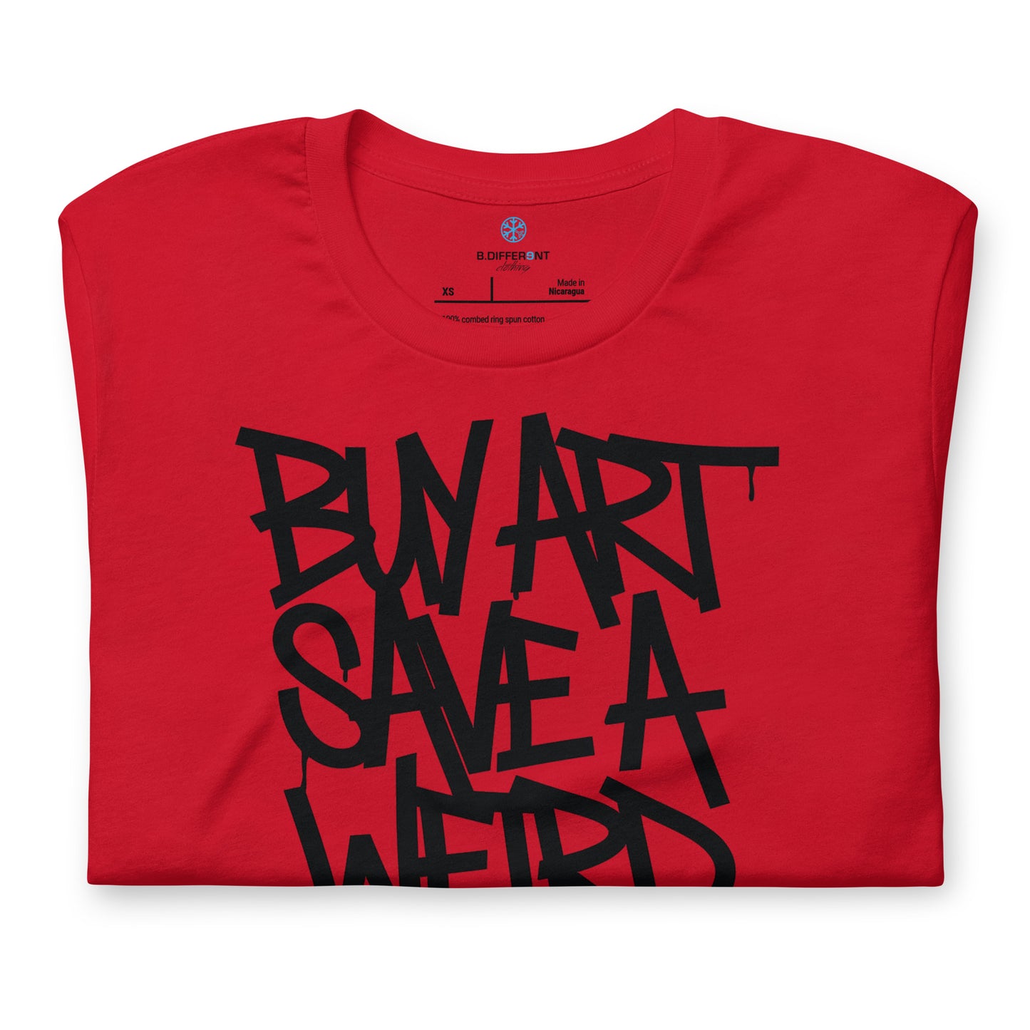 Red-Buy Art Save a Weird Person Graffiti Tee from B.Different Clothing, folded, graffiti-inspired streetwear t-shirt