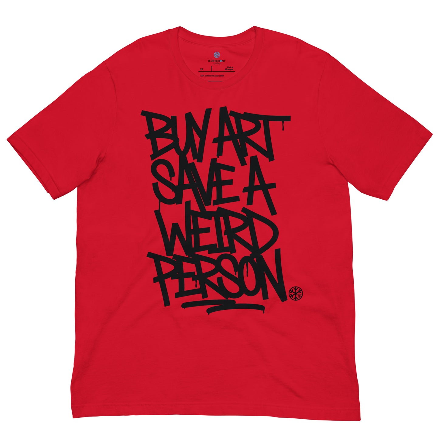 Red-Buy Art Save a Weird Person Graffiti Tee from B.Different Clothing, front view, graffiti-inspired streetwear t-shirt