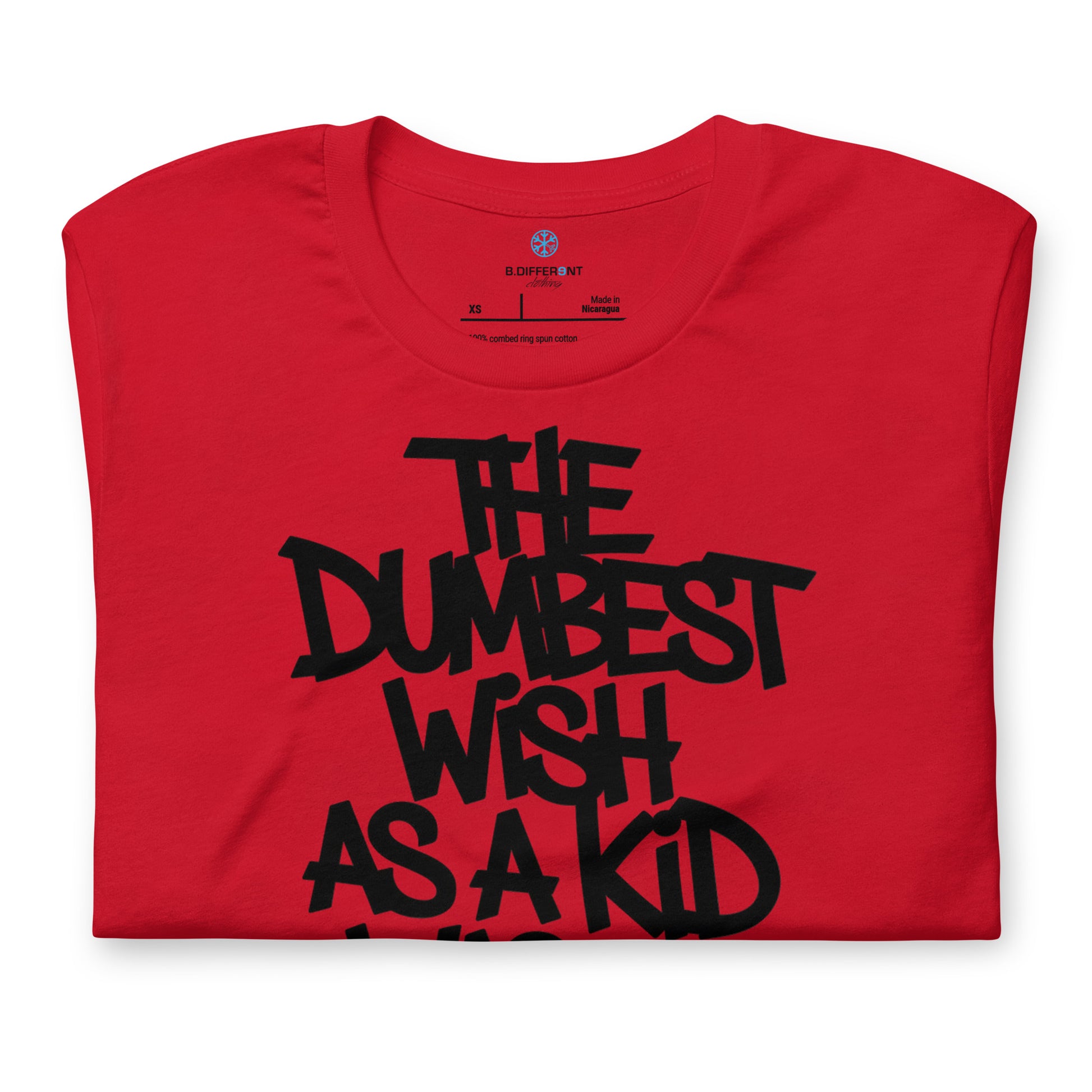 Red-The Dumbest Wish Graffiti Tag Tee from B.Different Clothing, folded, graffiti-inspired streetwear t-shirt