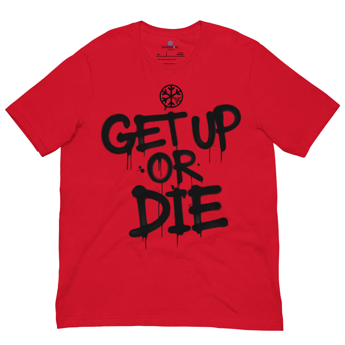 Red-Get Up or Die Graffiti Tag Tee from B.Different Clothing, front view, graffiti-inspired streetwear t-shirt