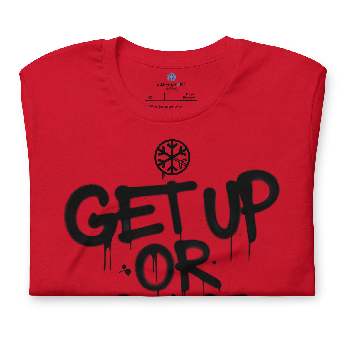 Red-Get Up or Die Graffiti Tag Tee from B.Different Clothing, folded, graffiti-inspired streetwear t-shirt