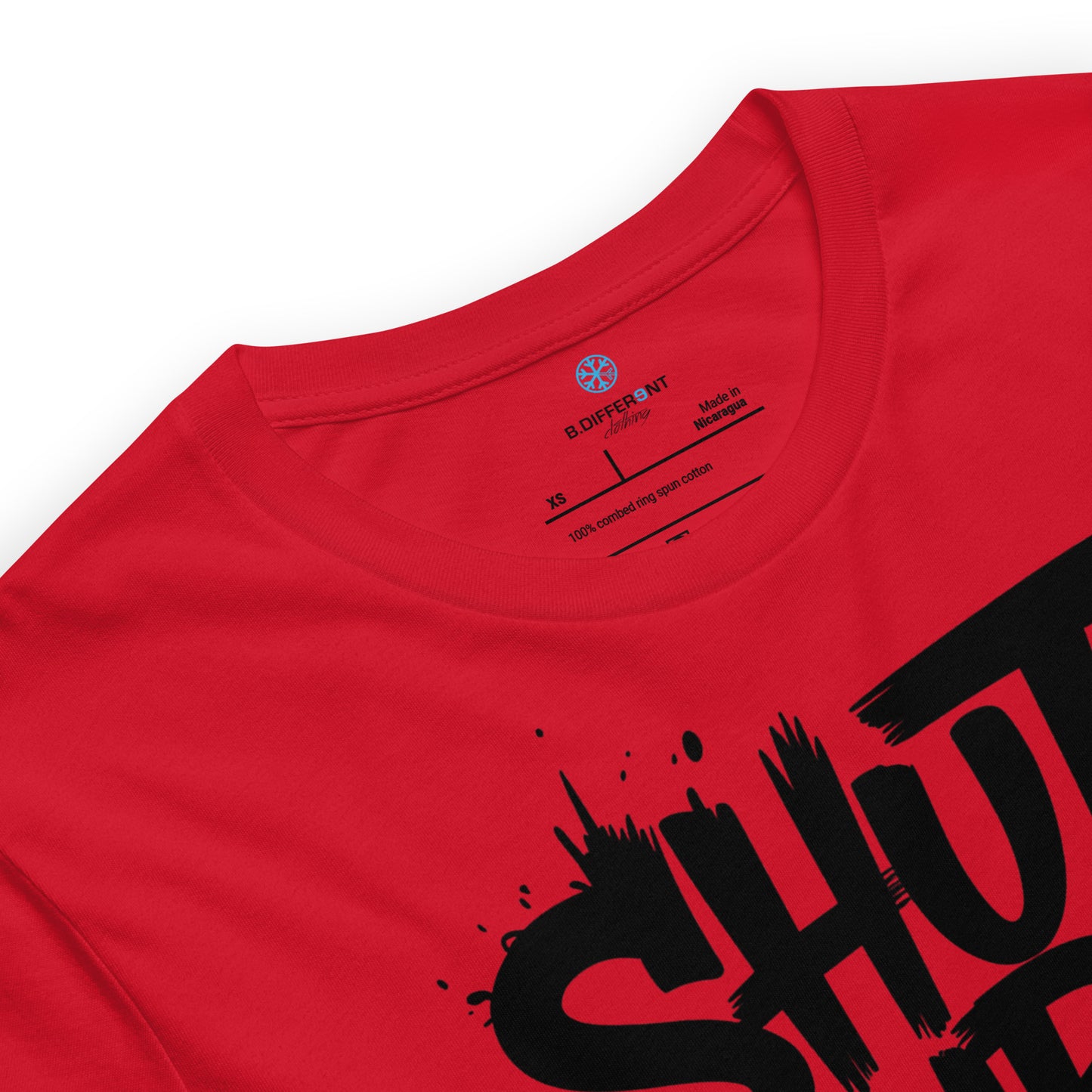 Red-Shut Up and Paint Graffiti Tee from B.Different Clothing, collar, graffiti-inspired streetwear t-shirt