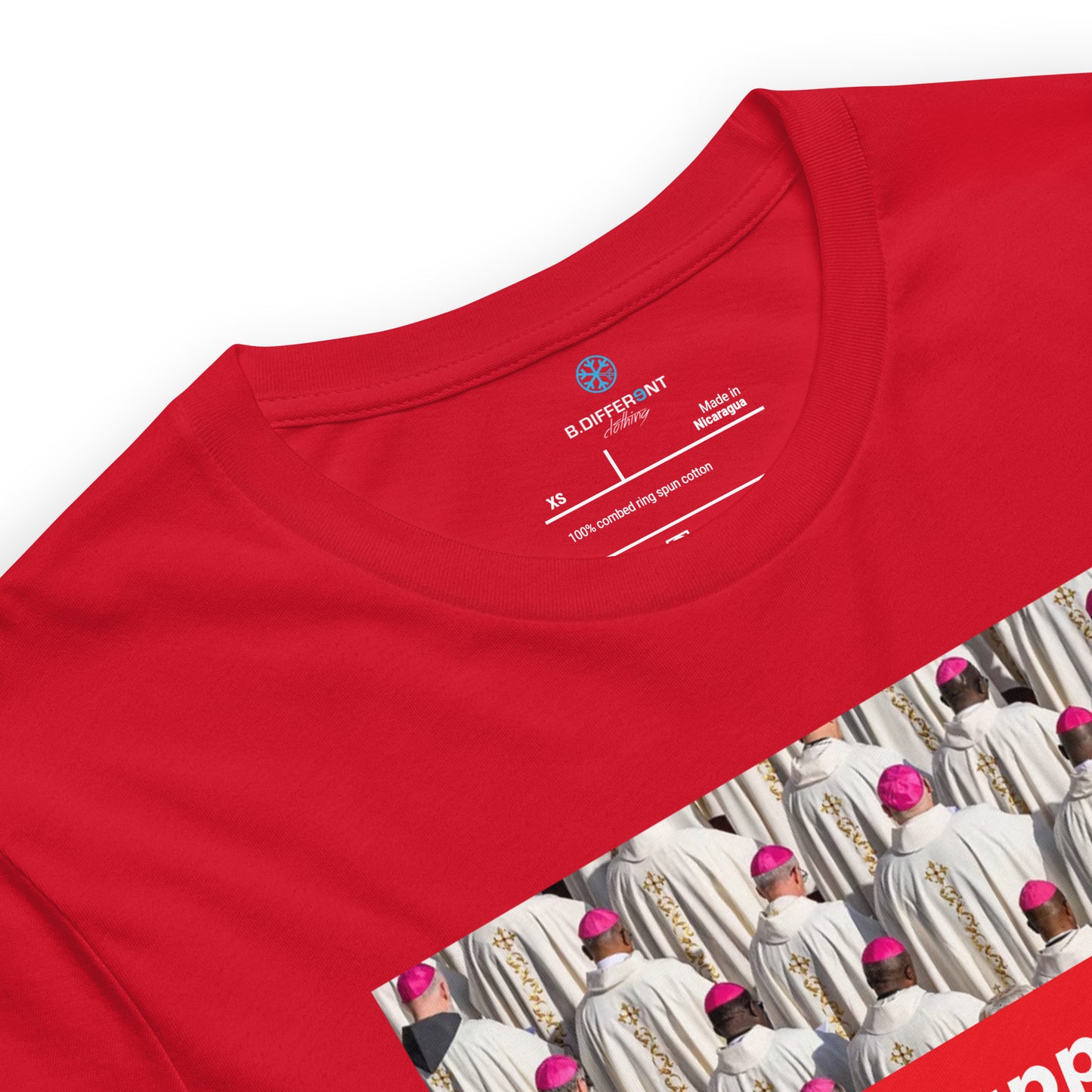 Red-Vatican Crooks Tee from B.Different Clothing, collar, graffiti-inspired streetwear t-shirt