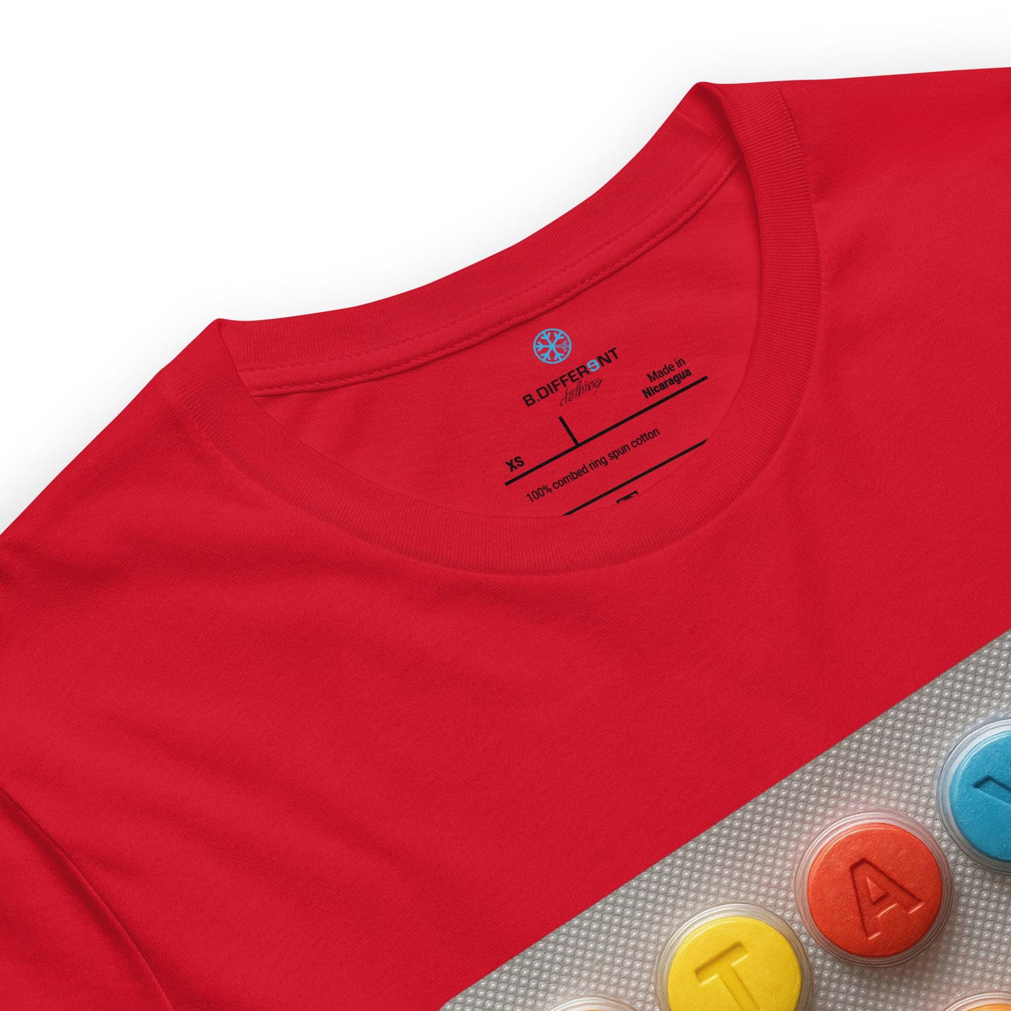 Red-Stay Weird Pills Tee from B.Different Clothing, collar, graffiti-inspired streetwear t-shirt