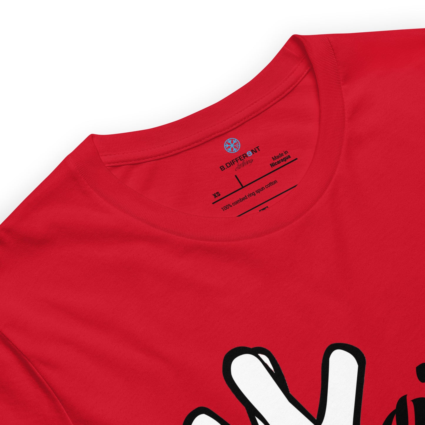 Red-Weirdo Hand Sign Tee from B.Different Clothing, collar, graffiti-inspired streetwear t-shirt