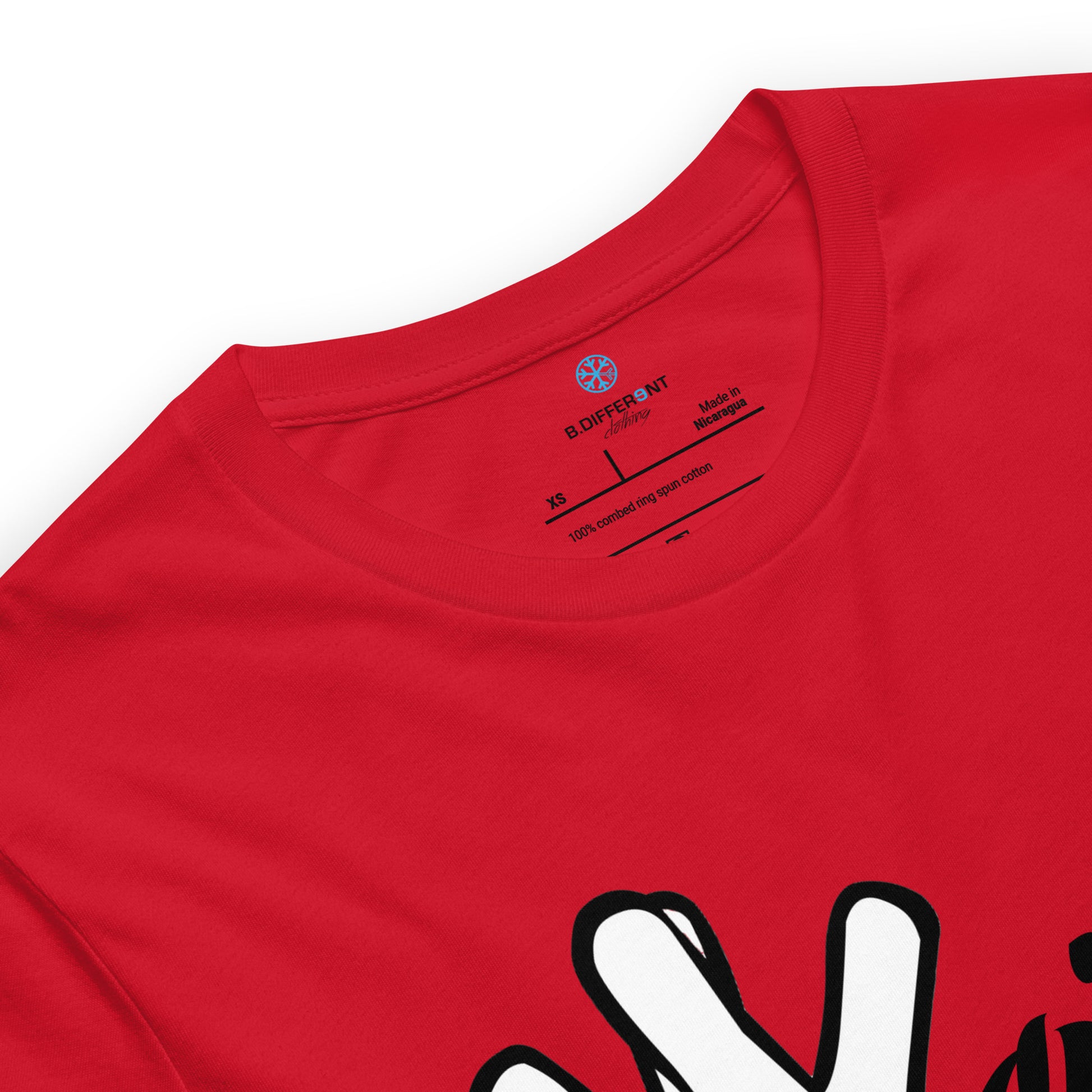 Red-Weirdo Hand Sign Tee from B.Different Clothing, collar, graffiti-inspired streetwear t-shirt