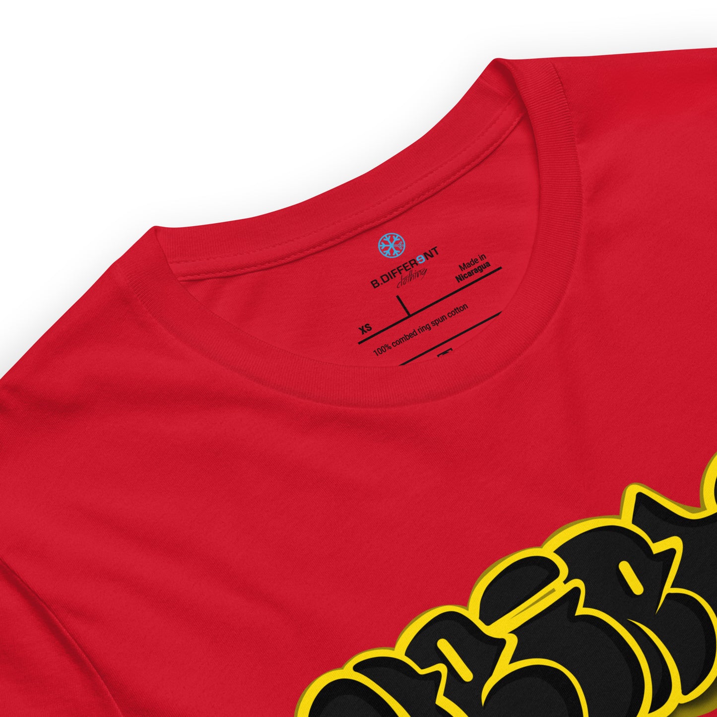 Red-Weirdo Graffiti Throwie Tee from B.Different Clothing, collar, graffiti-inspired streetwear t-shirt