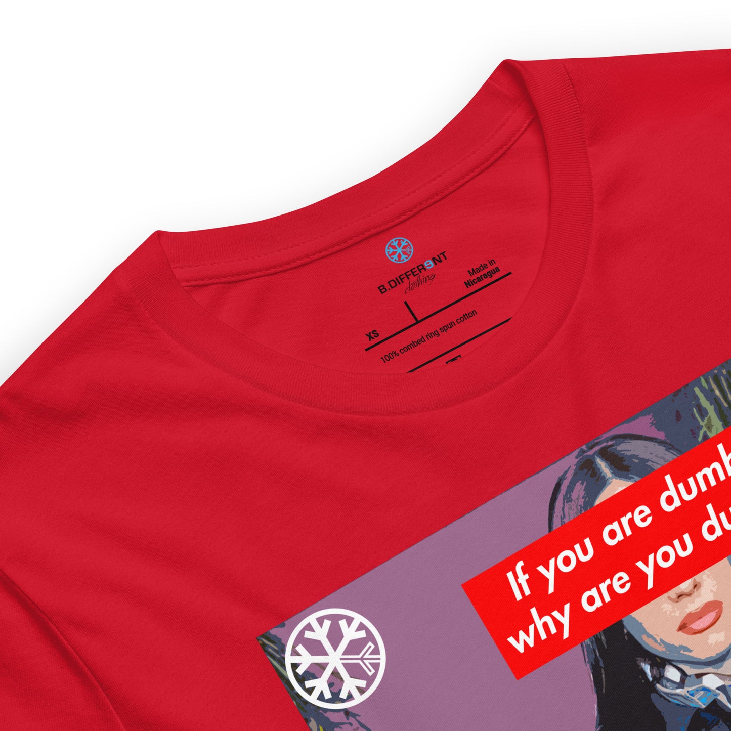 Red-Why Are You Dumb Tee from B.Different Clothing, collar, graffiti-inspired streetwear t-shirt