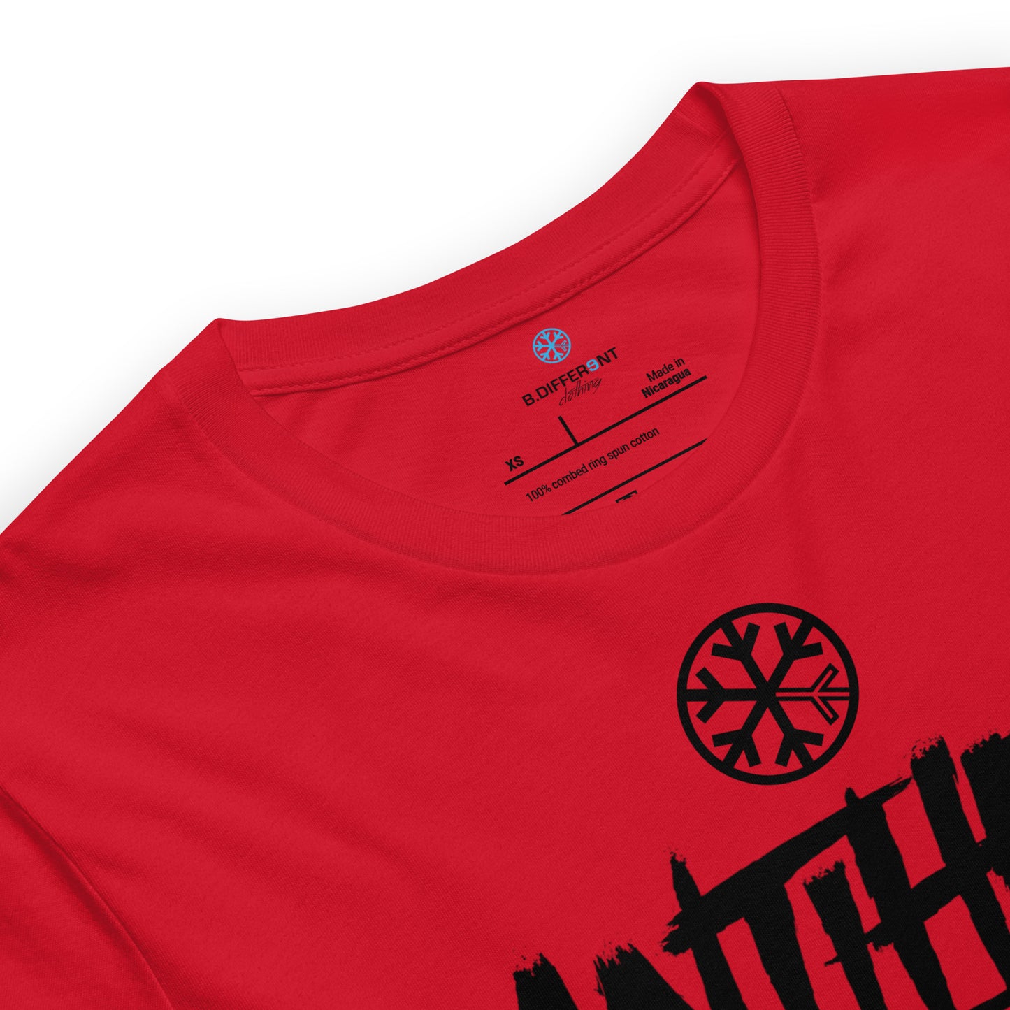 Red-Antihero Graffiti Tag Tee from B.Different Clothing, collar, graffiti-inspired streetwear t-shirt