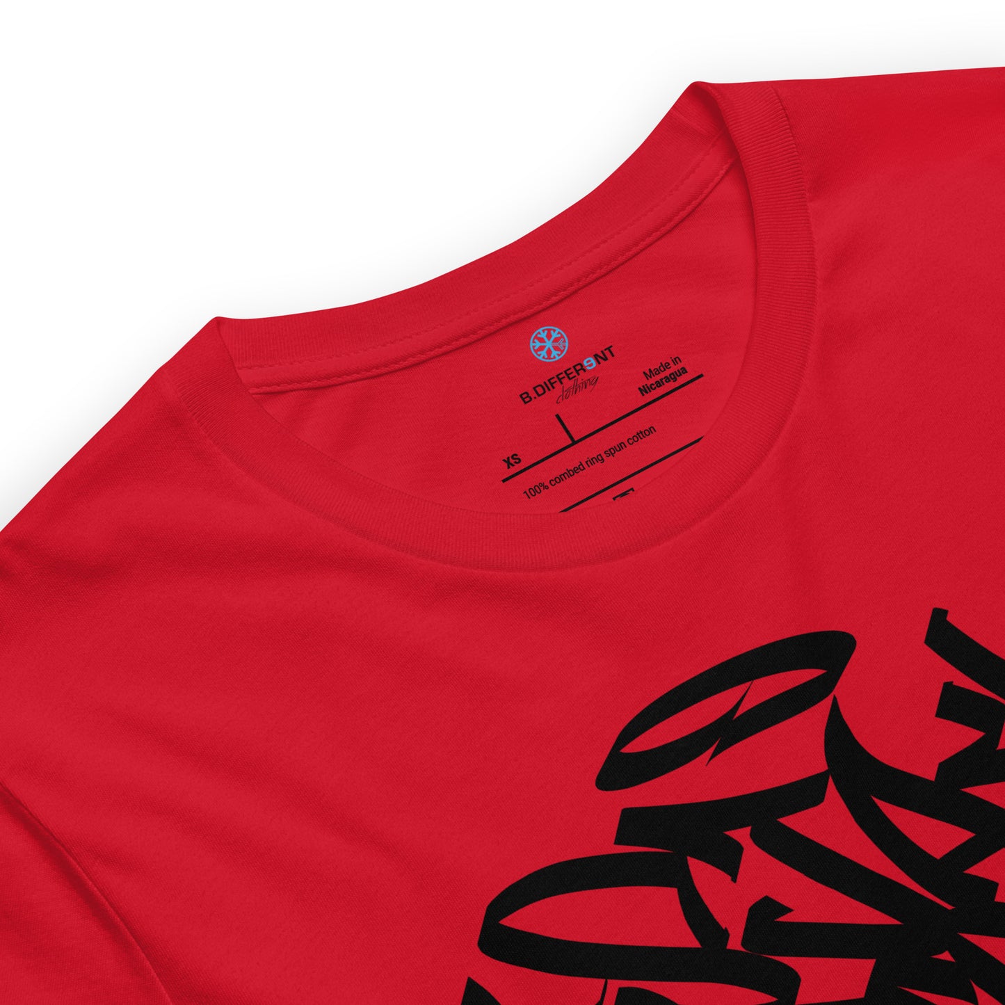 Red-Stay Weird Graffiti Tag Tee from B.Different Clothing, collar, graffiti-inspired streetwear t-shirt