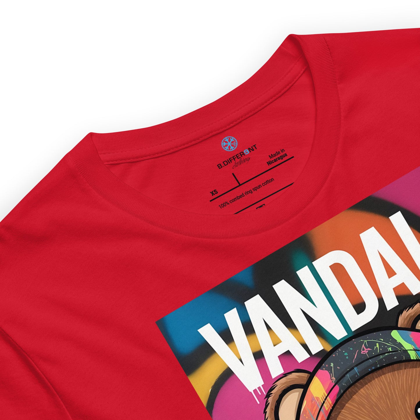 Red-Vandal Teddy Bear Graffiti Tee from B.Different Clothing, collar, graffiti-inspired streetwear