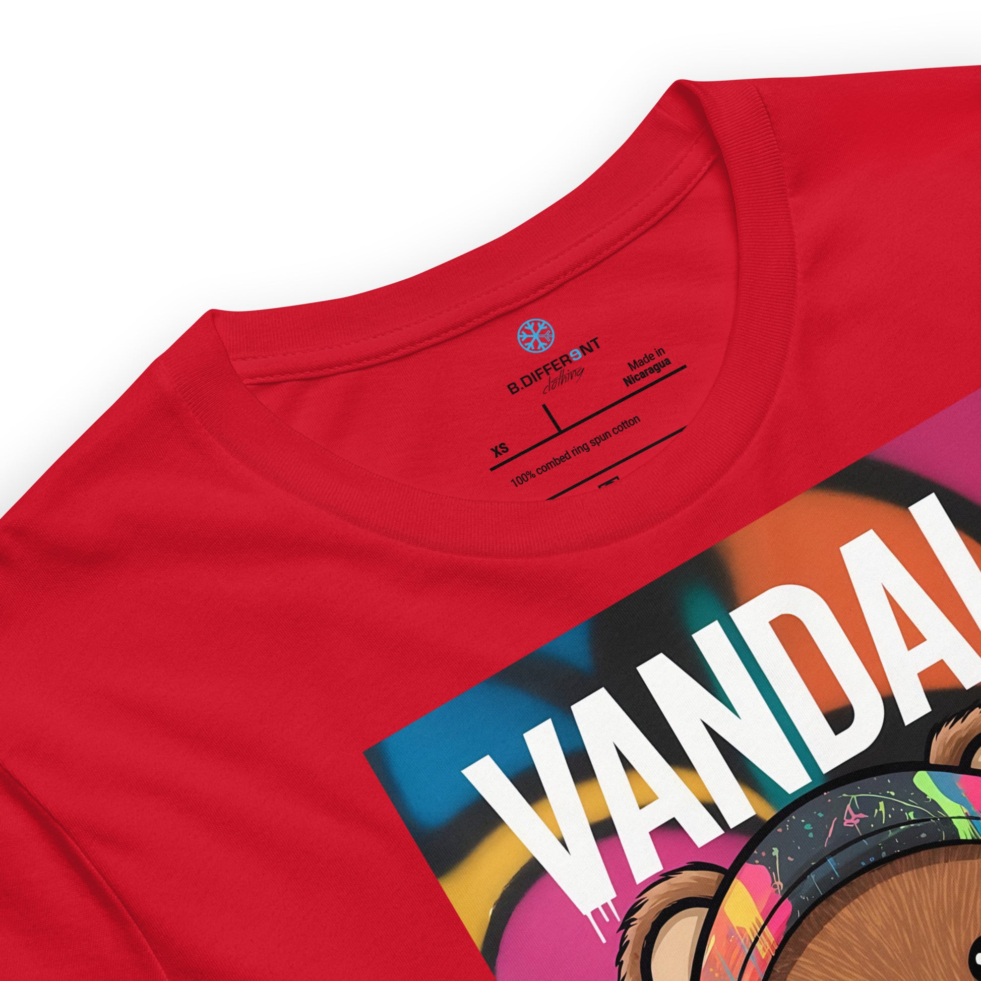Red-Vandal Teddy Bear Graffiti Tee from B.Different Clothing, collar, graffiti-inspired streetwear