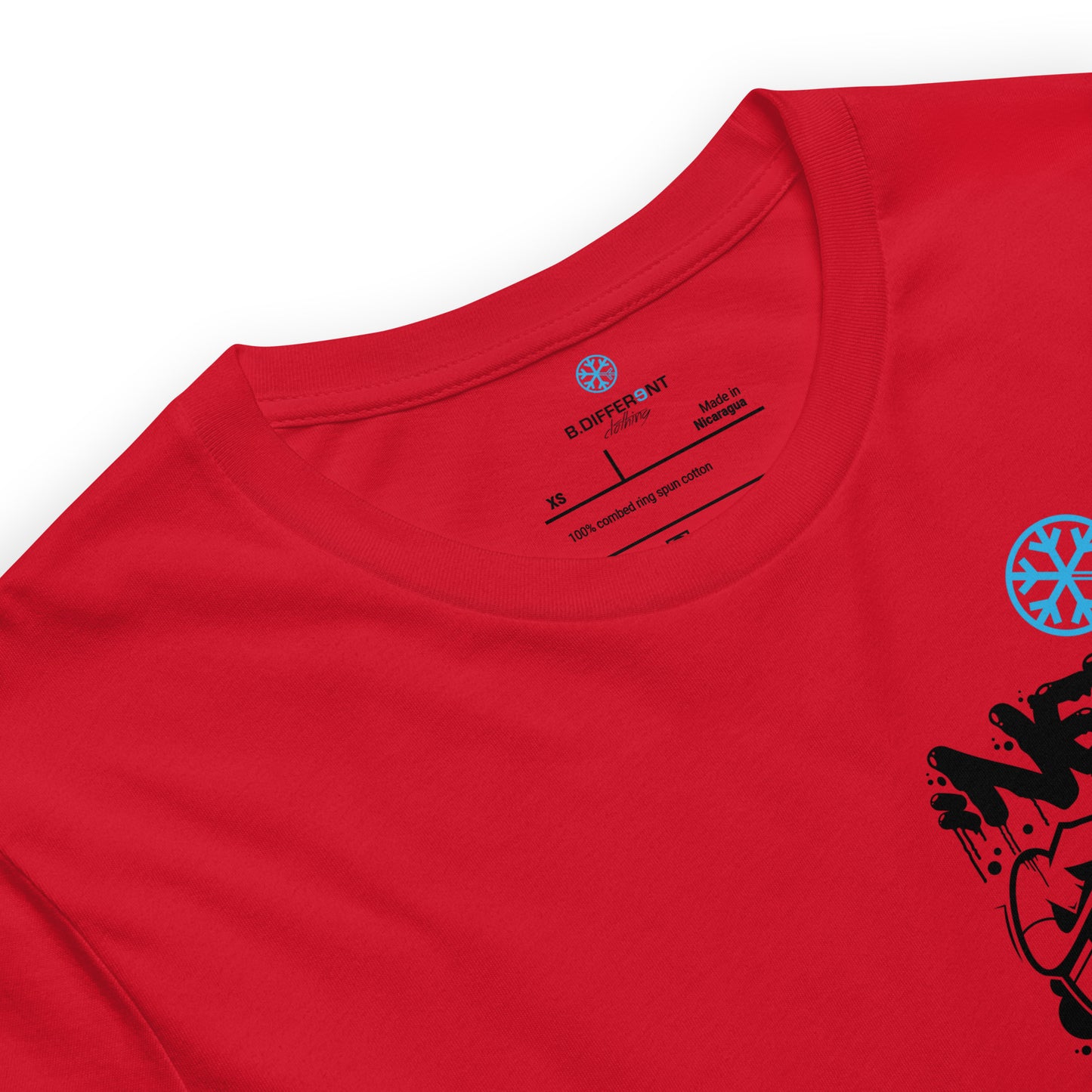 Red-Never Stop Graffiti Character Tee from B.Different Clothing, collar, graffiti-inspired streetwear t-shirt