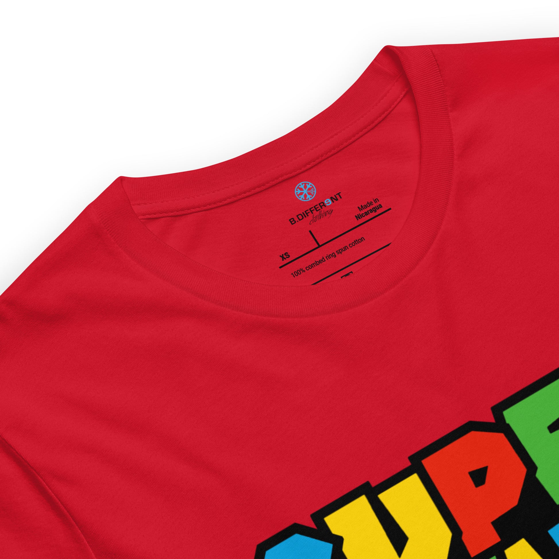 Red-Super Weird Tee from B.Different Clothing, collar, graffiti-inspired streetwear t-shirt