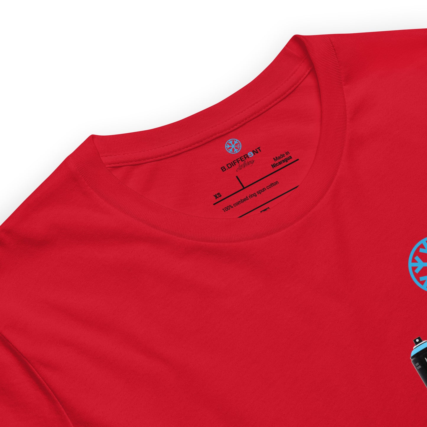 Red-Graffiti Artist Action Figure Tee from B.Different Clothing, collar, graffiti-inspired streetwear t-shirt