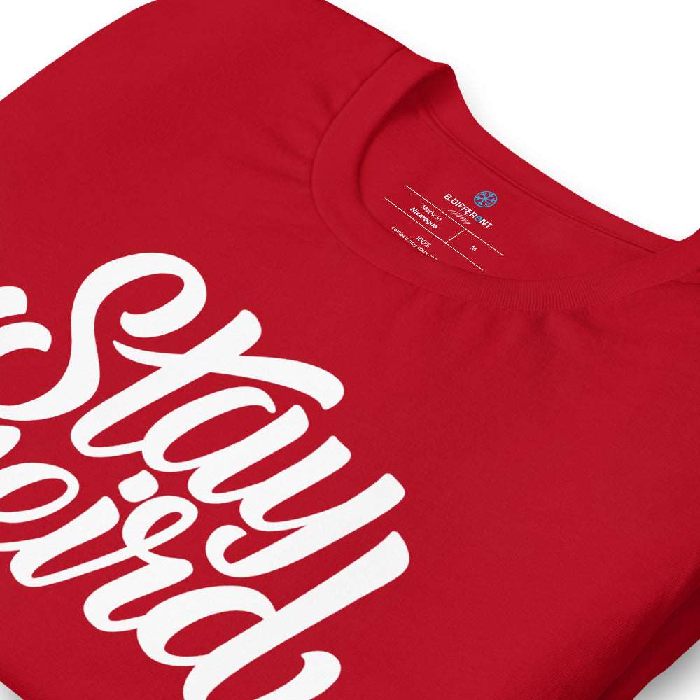 zoom of t-shirt Stay Weird tee red by B.Different Clothing independent streetwear inspired by street art graffiti