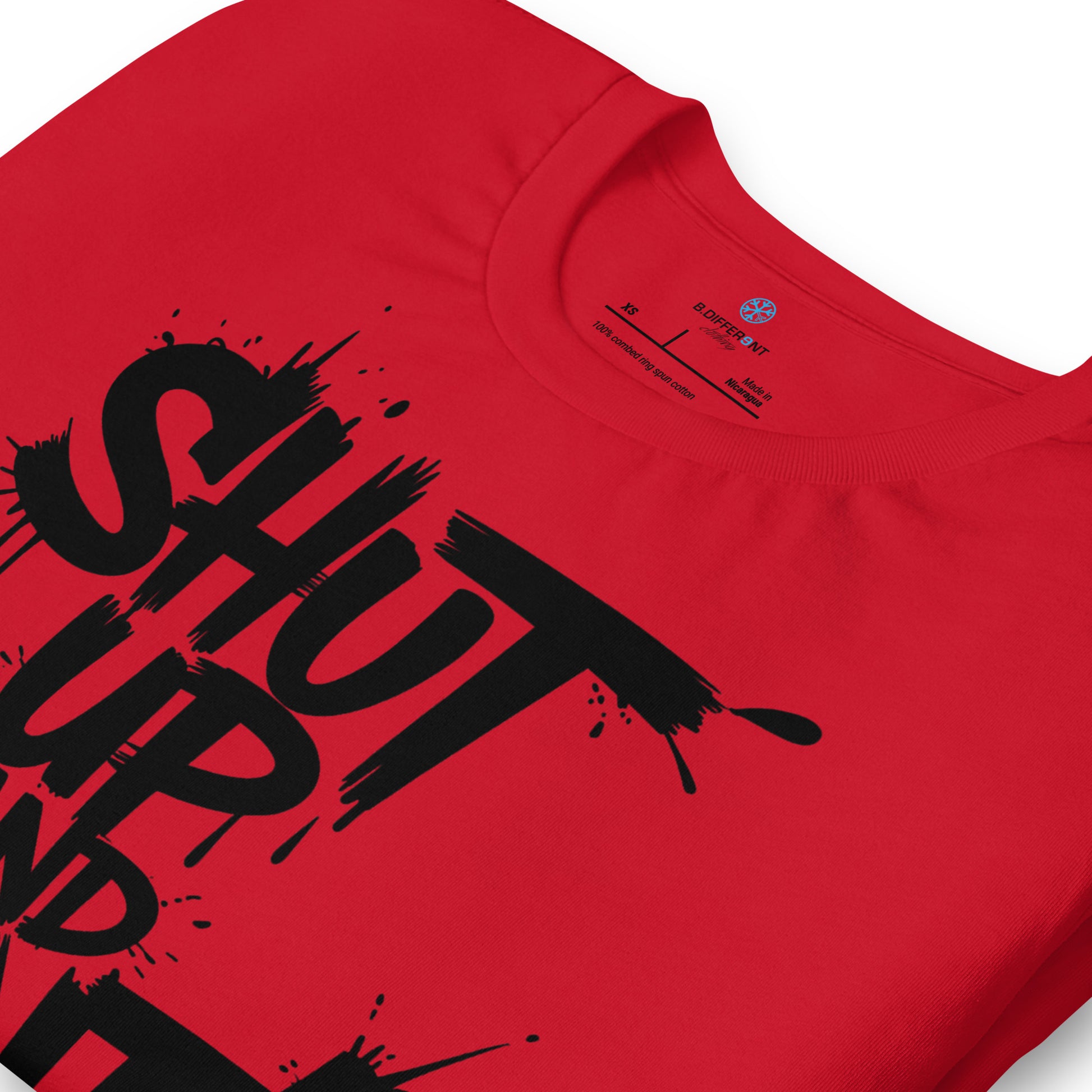 Red-Shut Up and Paint Graffiti Tee from B.Different Clothing, detail, graffiti-inspired streetwear t-shirt