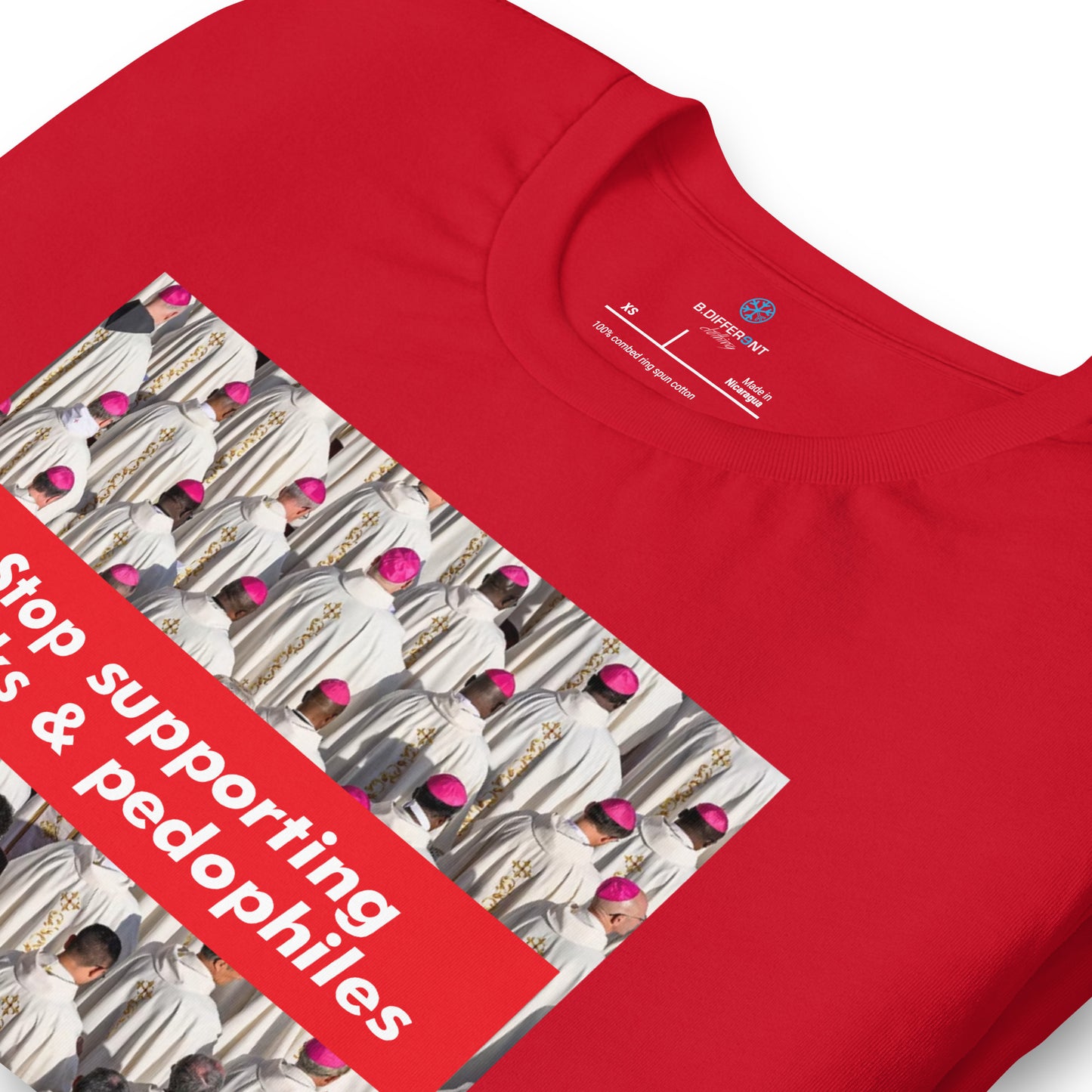 Red-Vatican Crooks Tee from B.Different Clothing, detail, graffiti-inspired streetwear t-shirt