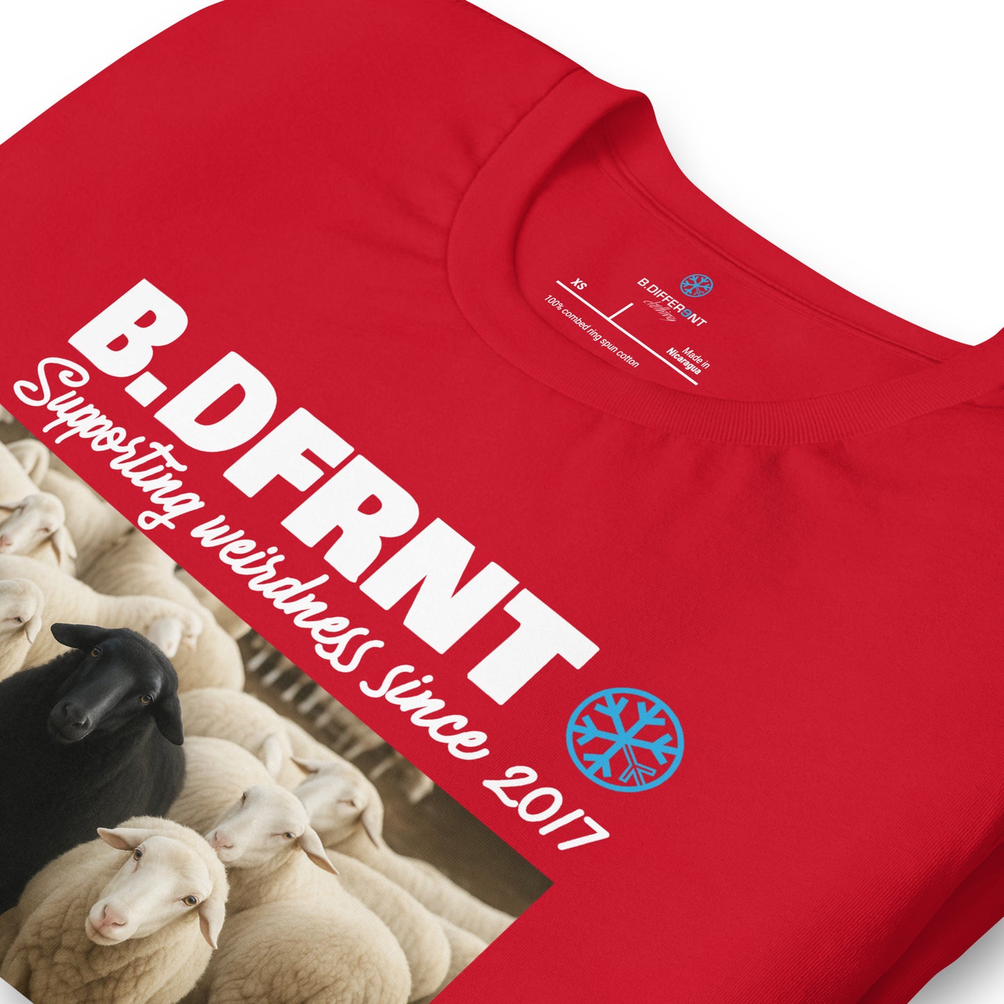 Red-Black Sheep Tee from B.Different Clothing, detail, graffiti-inspired streetwear t-shirt