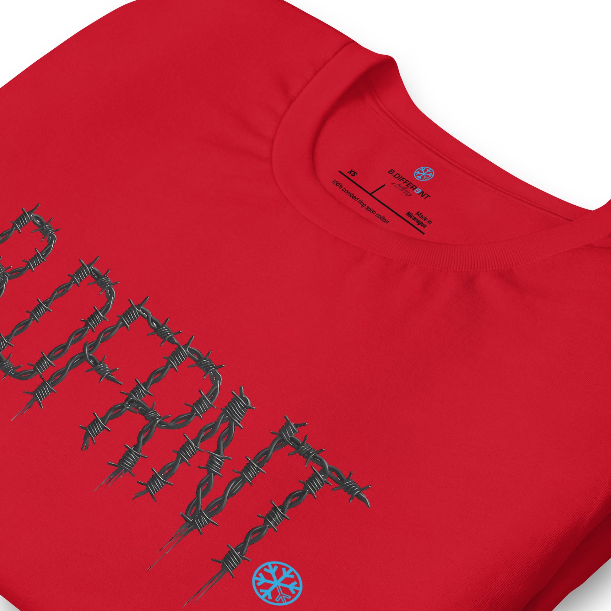 Red-B.DFRNT Barbed Wire Tee from B.Different Clothing, detail, graffiti-inspired streetwear t-shirt