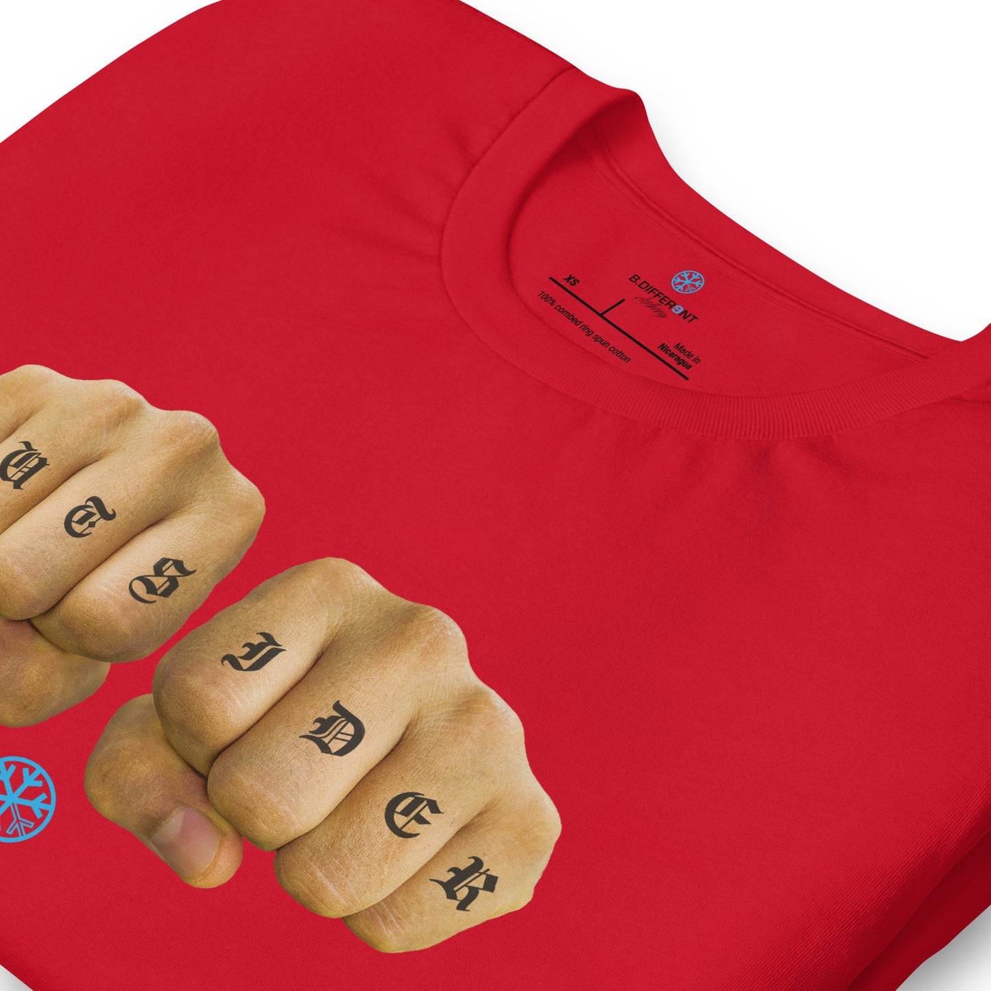 Red-Outsider Tattoo Tee from B.Different Clothing, detail, graffiti-inspired streetwear t-shirt