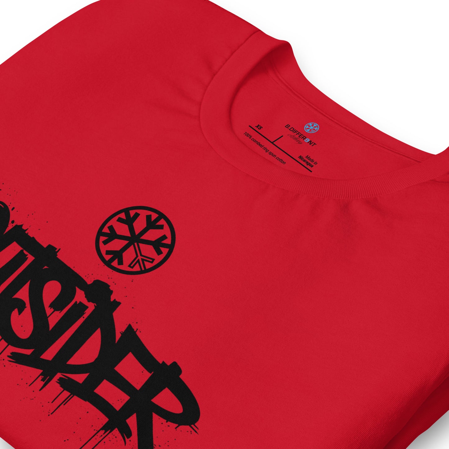 Red-Outsider Graffiti Tag Tee from B.Different Clothing, detail, graffiti-inspired streetwear t-shirt