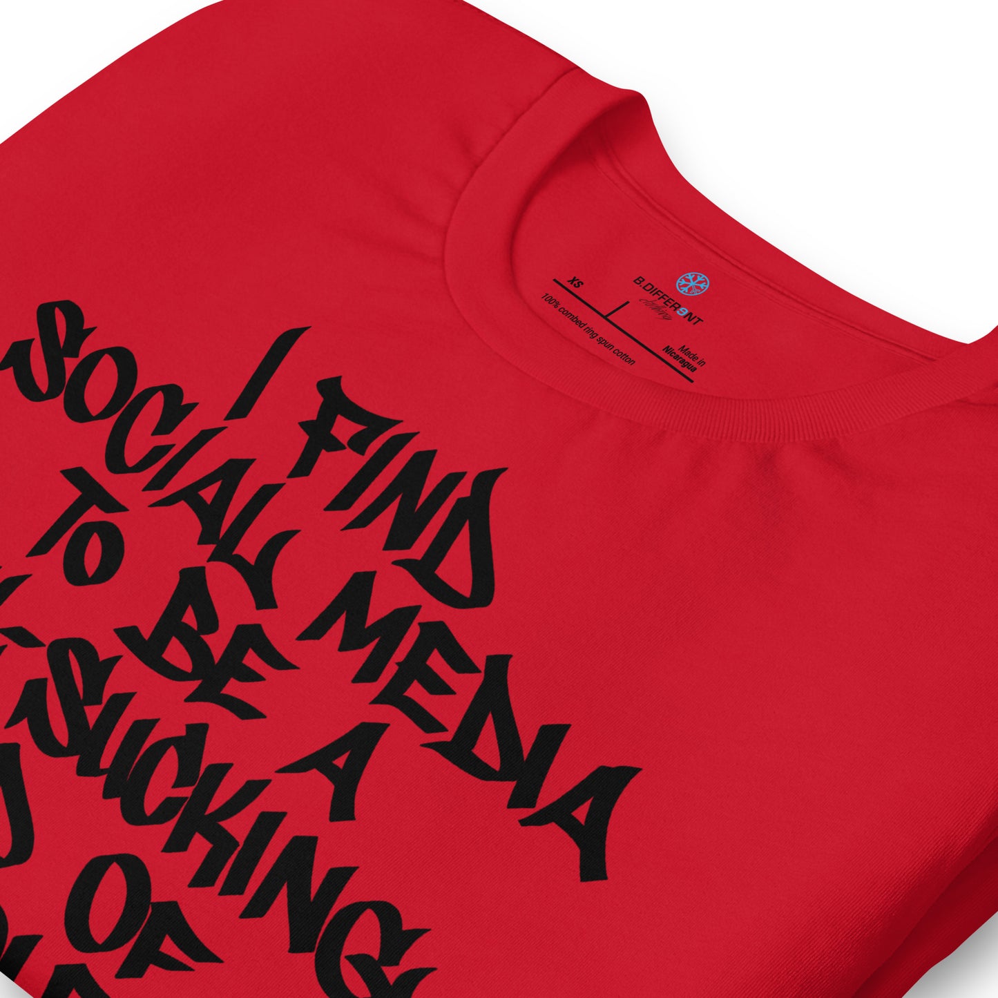 Red-Social Media Graffiti Tag Tee from B.Different Clothing, detail, graffiti-inspired streetwear t-shirt