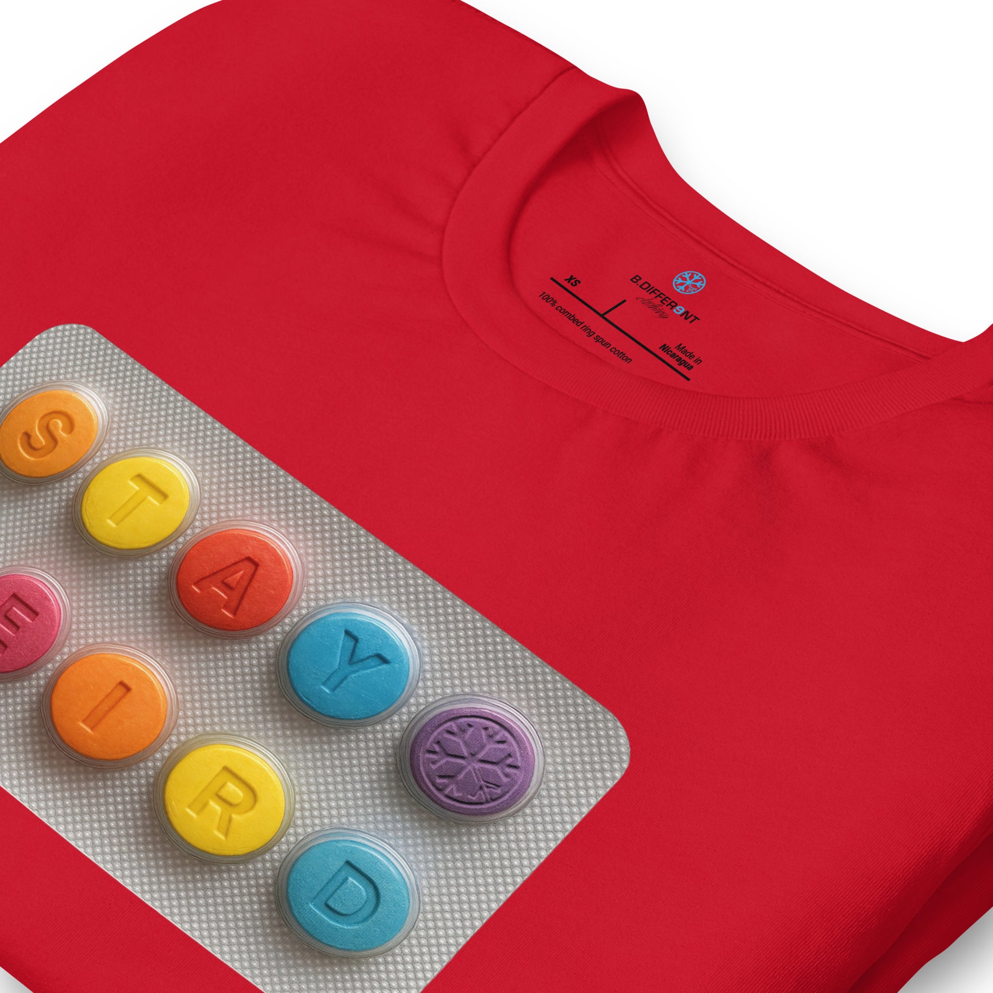 Red-Stay Weird Pills Tee from B.Different Clothing, detail, graffiti-inspired streetwear t-shirt