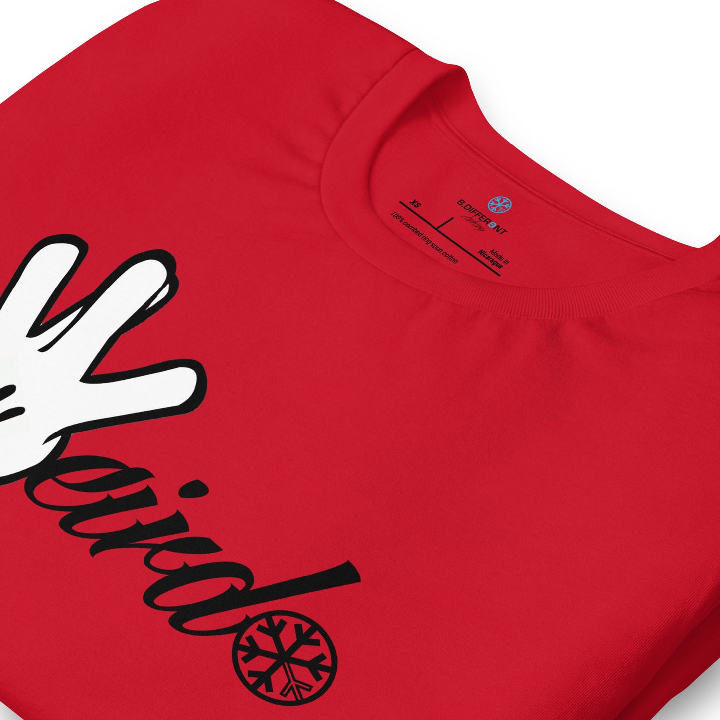 Red-Weirdo Hand Sign Tee from B.Different Clothing, detail, graffiti-inspired streetwear t-shirt